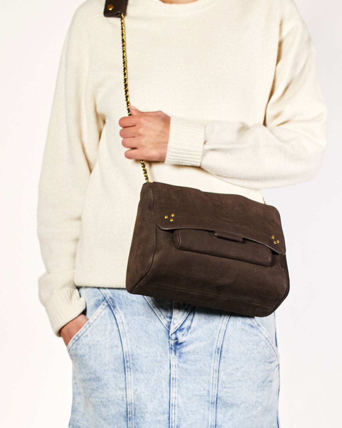 Sac Lulu L croco moka Jérôme Dreyfuss. Porté crossbody.
