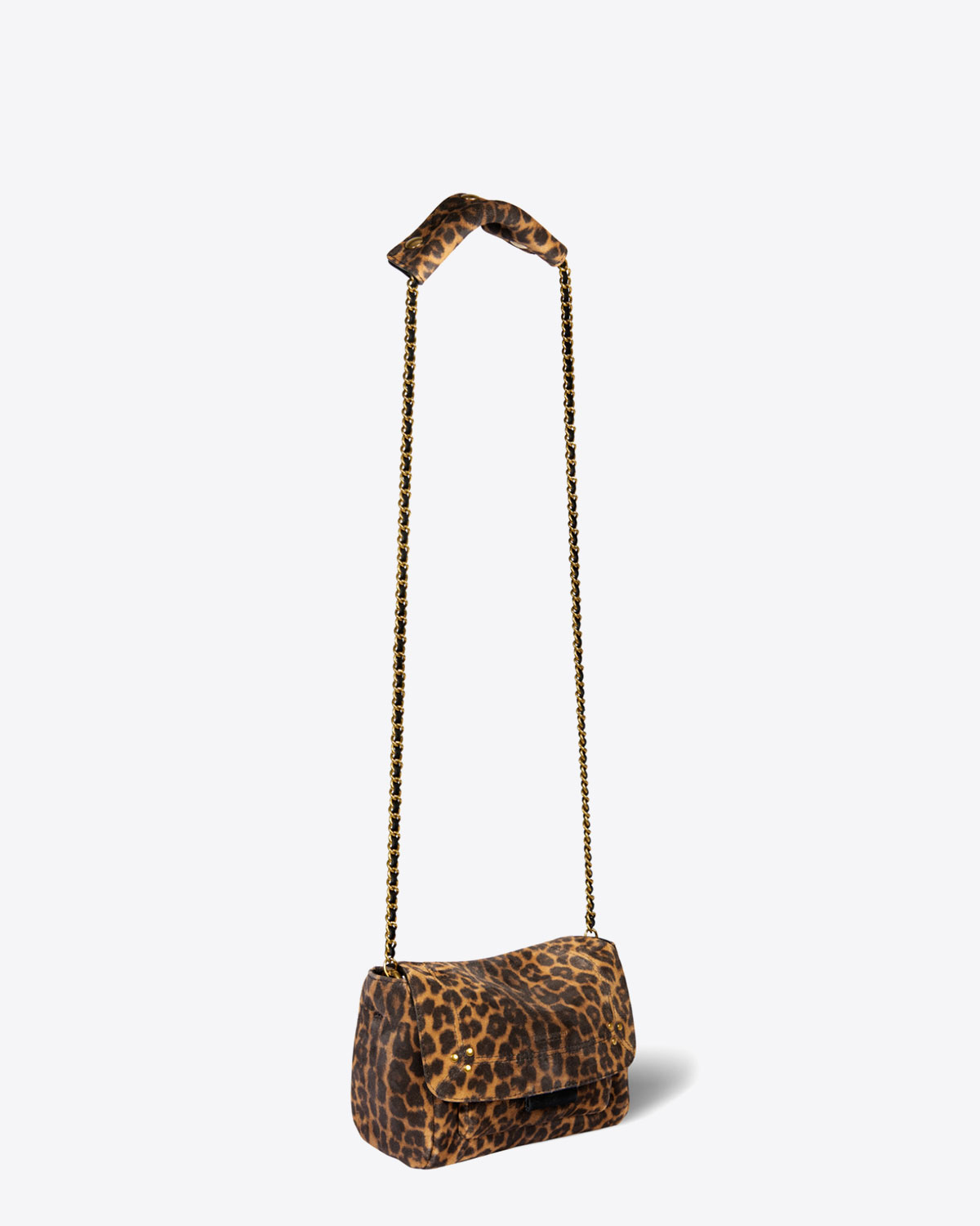Mini-sac Lulu S en cuir velours imprimé léopard Jérôme Dreyfuss. Longue chaine dorée. 