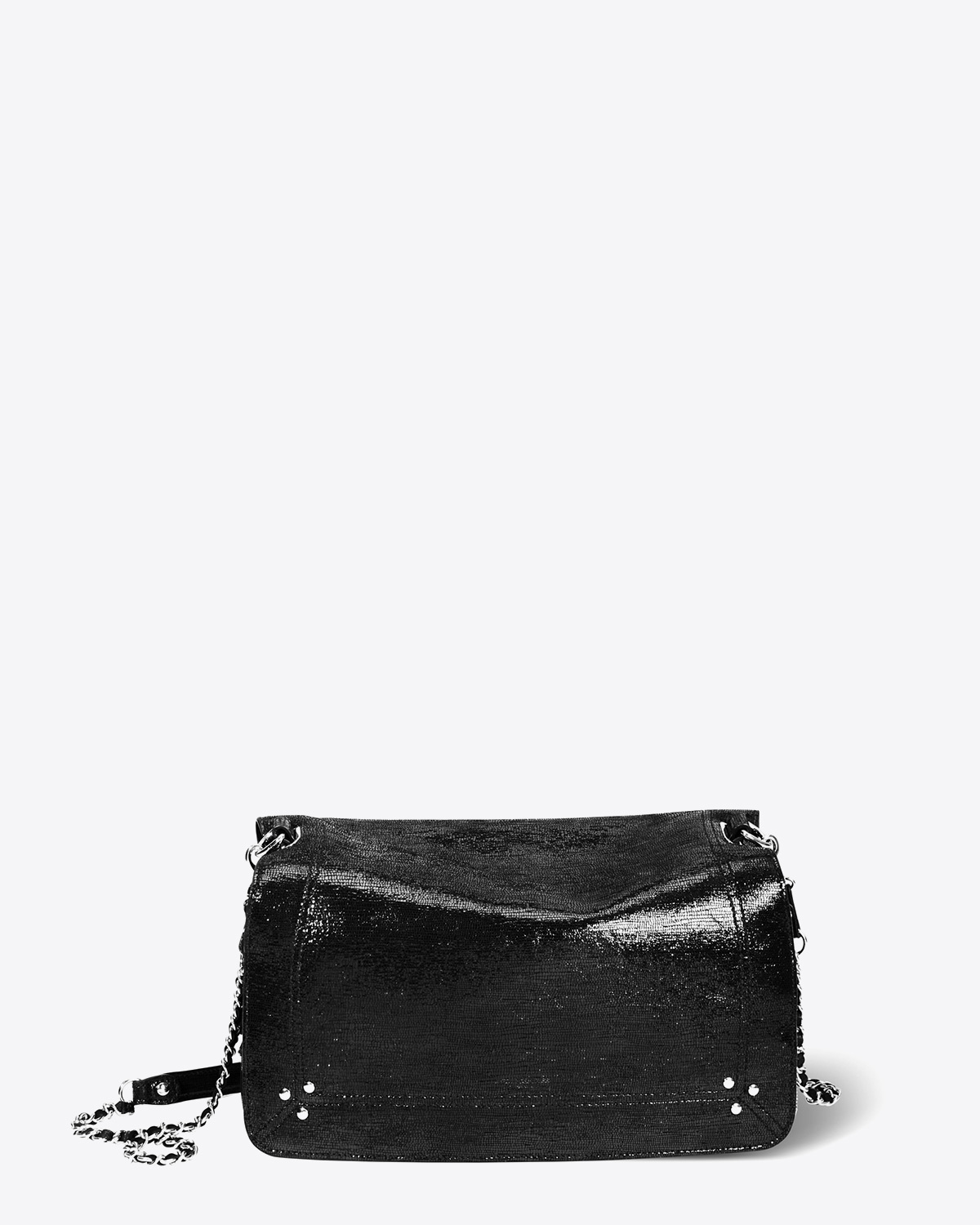 Sac bandoulière chaine silver Bobi large chèvre lamé noir Jérôme Dreyfuss. Face.