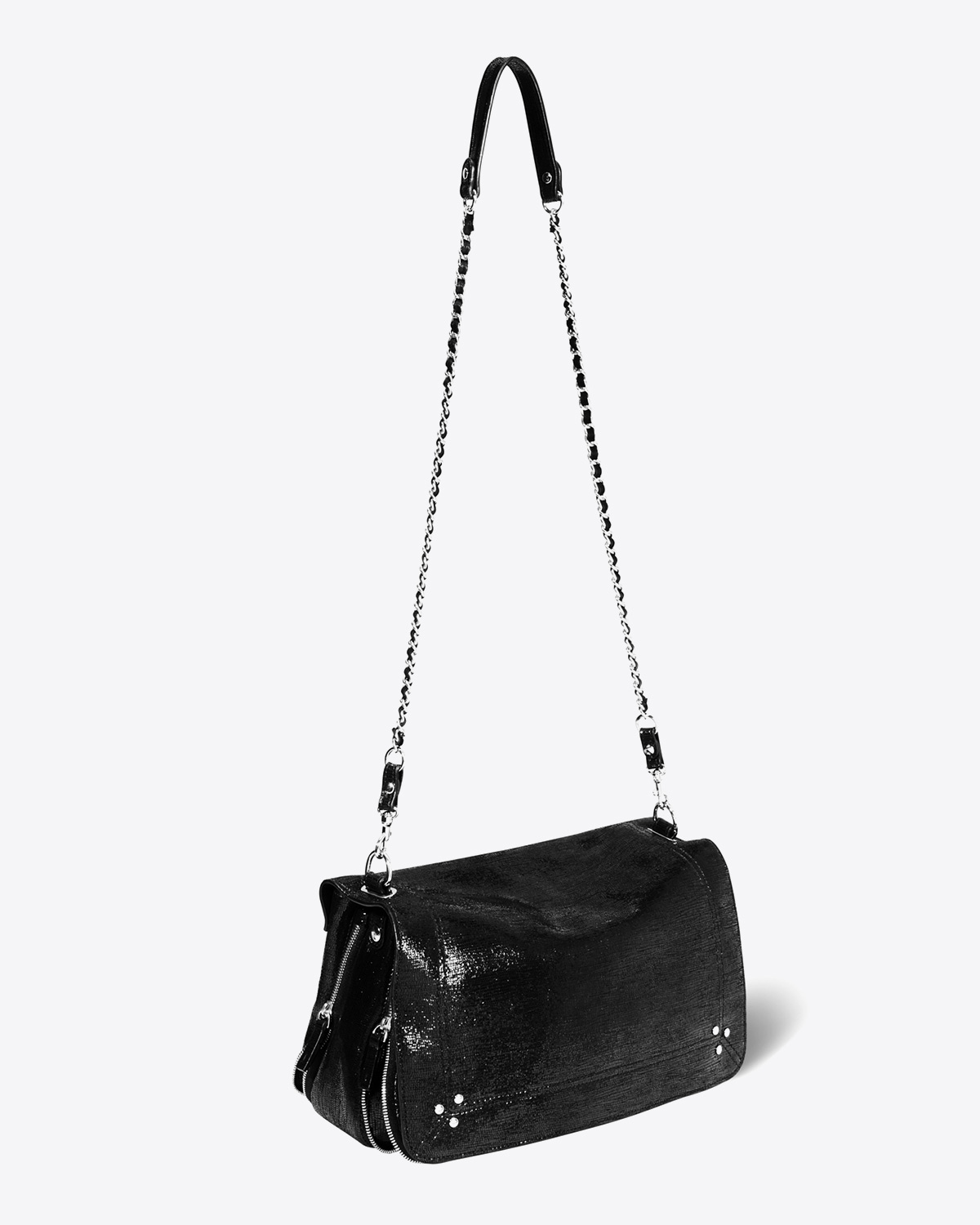 Sac bandoulière chaine silver Bobi large chèvre lamé noir Jérôme Dreyfuss. 