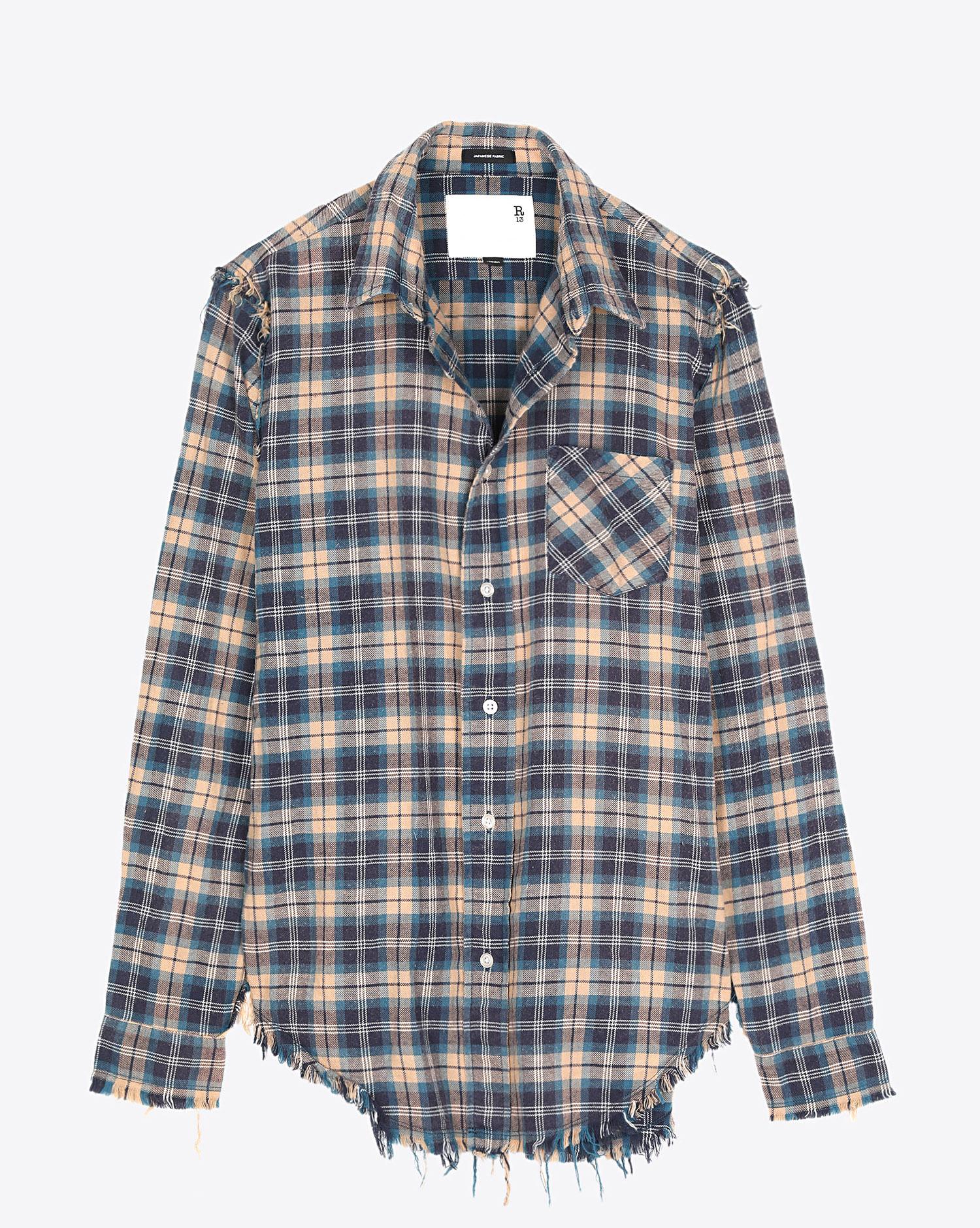 Image du produit R13 Denim Pré-Collection Shredded Seam Shirt - Blue/Khaki Plaid