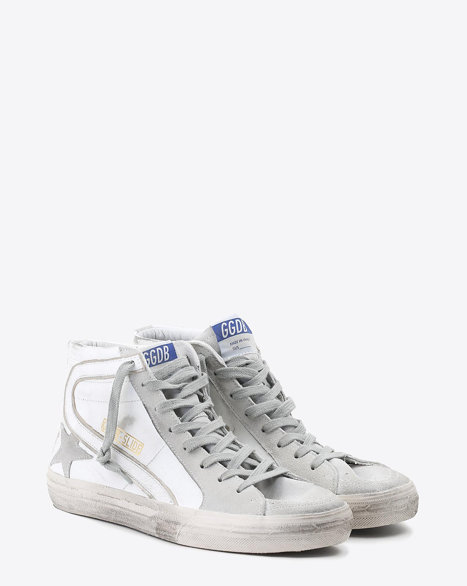 Golden Goose homme Sneakers montantes en cuir blanc Slide White Leather. Face.   