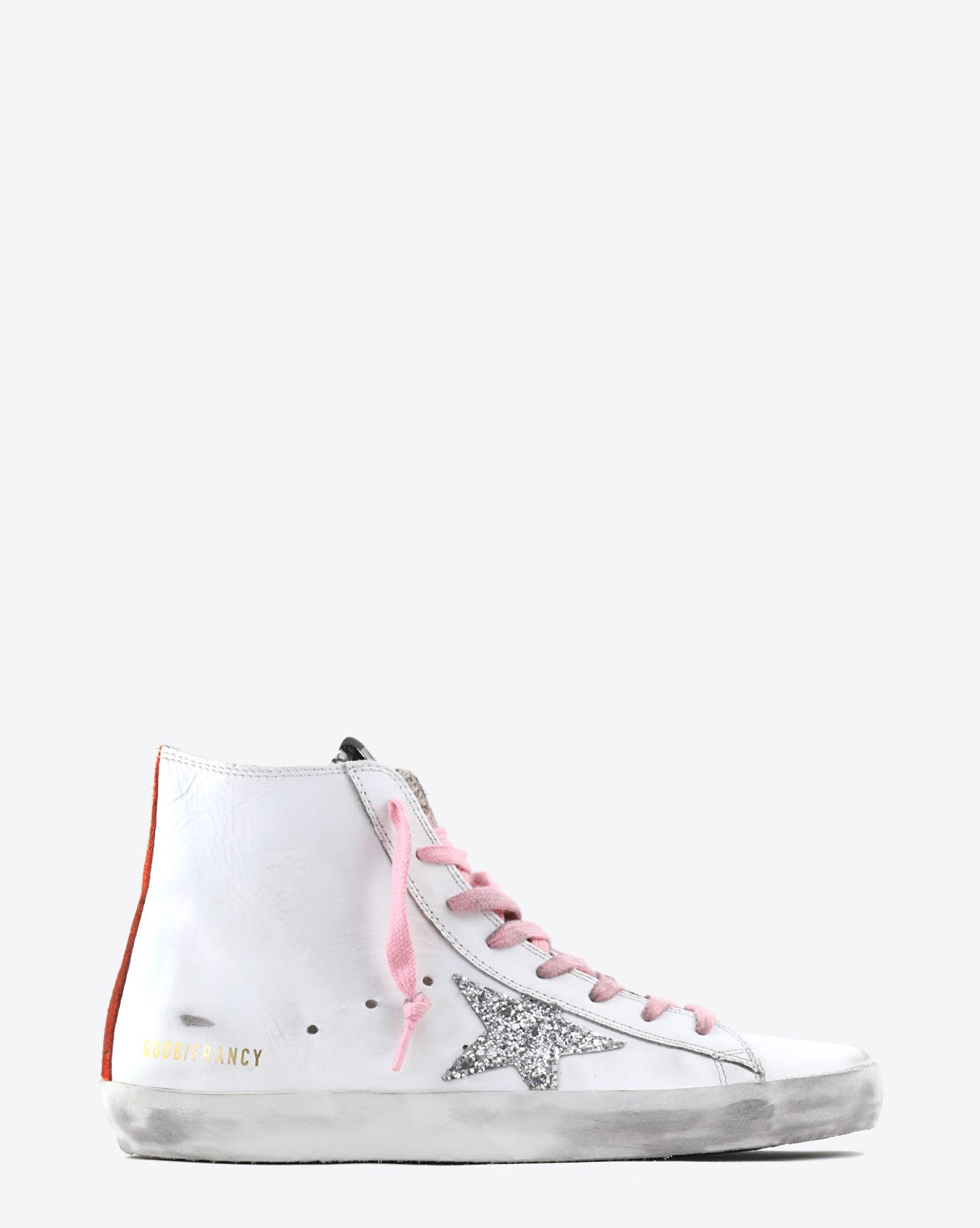 Golden Goose Woman Collection Sneakers Francy - White Leather - Silver Glitter Star  