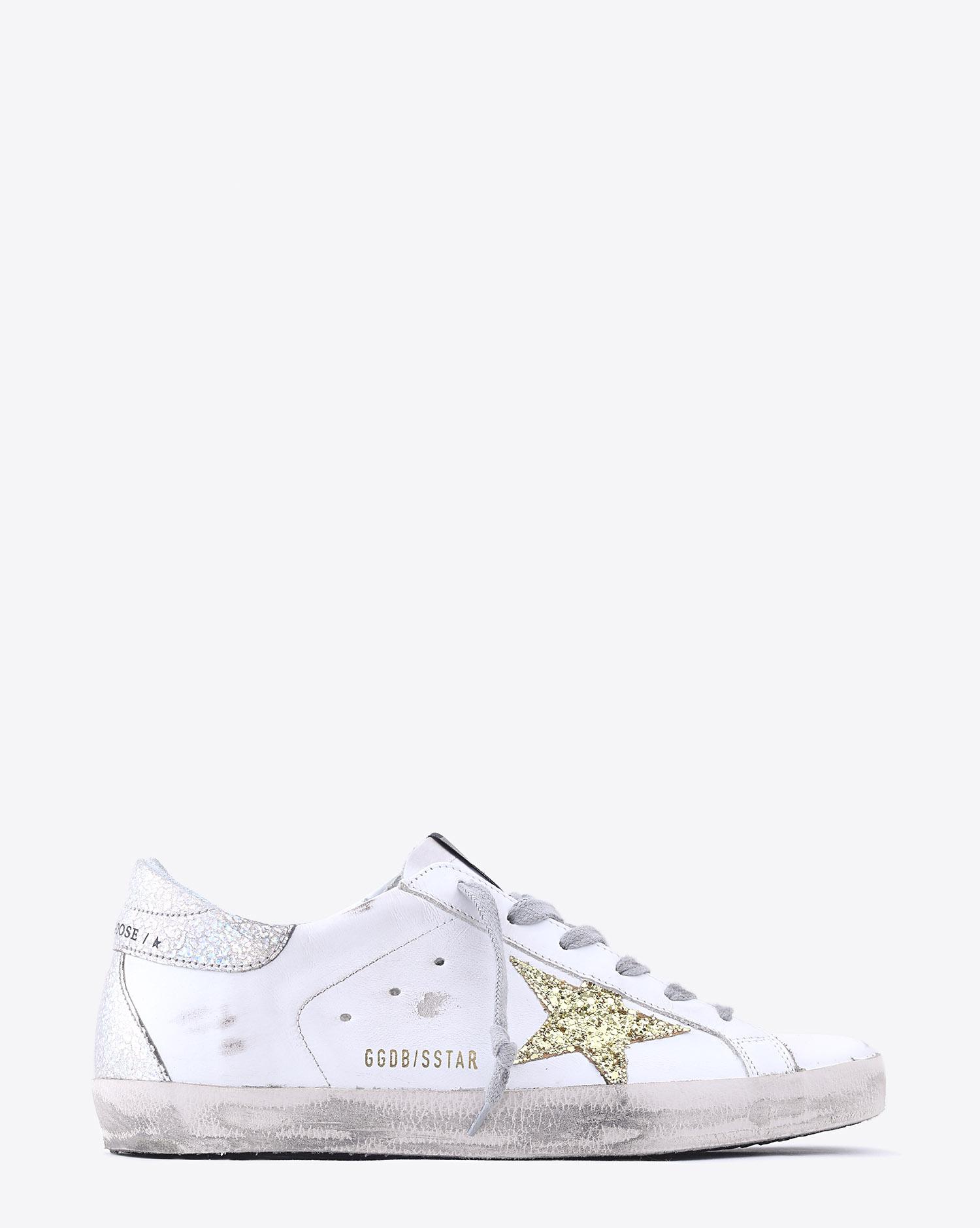 Golden Goose Woman Collection Sneakers Superstar - White Leather - Gold Glitter Star - Silver Back  