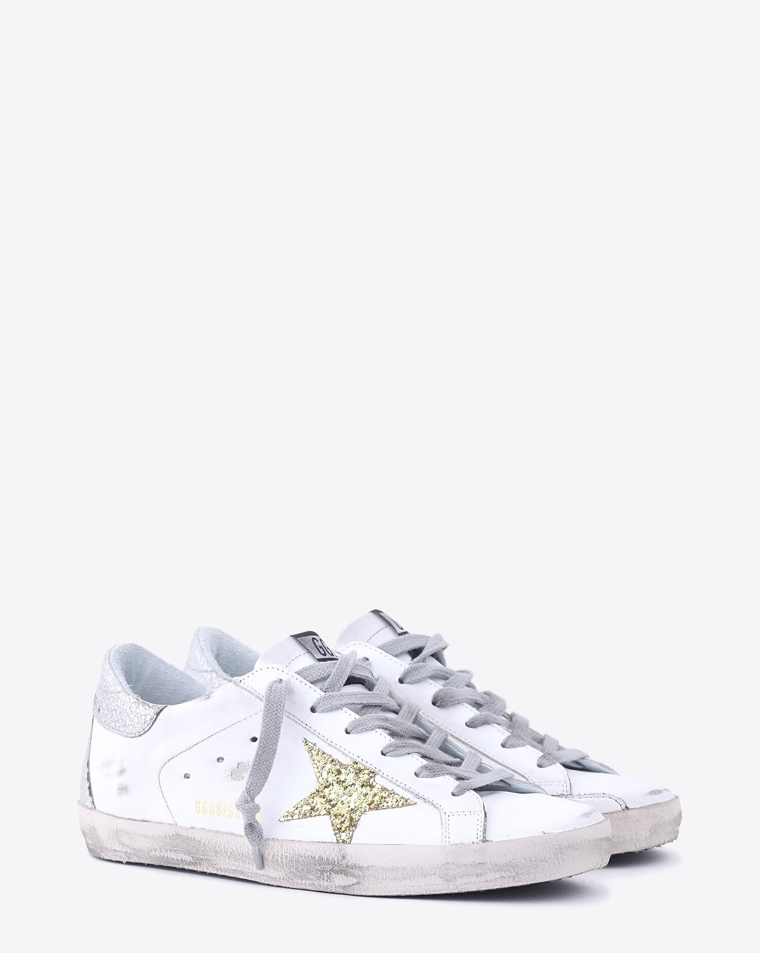Golden Goose Woman Collection Sneakers Superstar - White Leather - Gold Glitter Star - Silver Back  