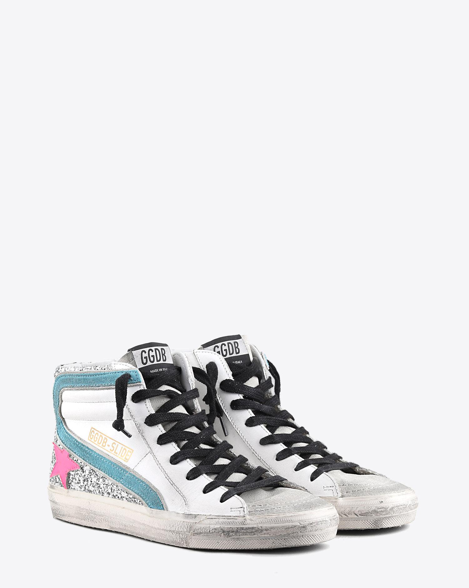 Golden Goose Woman Pré-Collection Sneakers Slide - White Leather - Silver Glitter - Fuxia Star  
