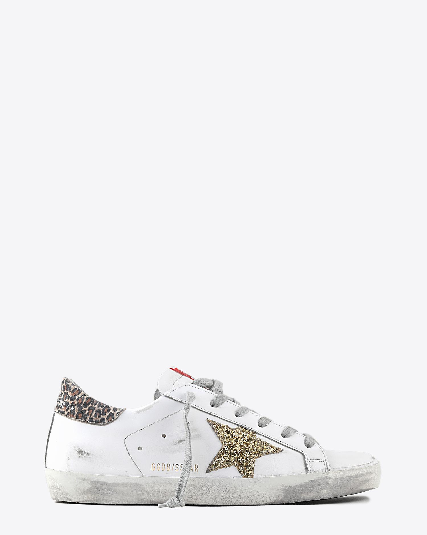 Golden Goose Woman Pré-Collection Sneakers Superstar cuir blanc talon léopard étoile paillettes 80212
