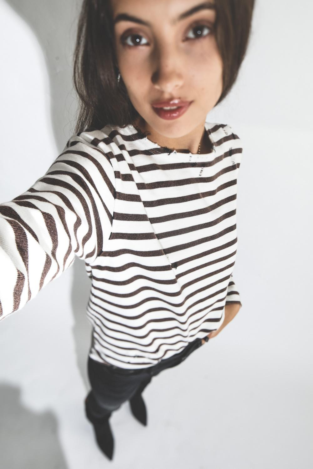R13 Denim Permanent Breton L  S T - White  Brown  