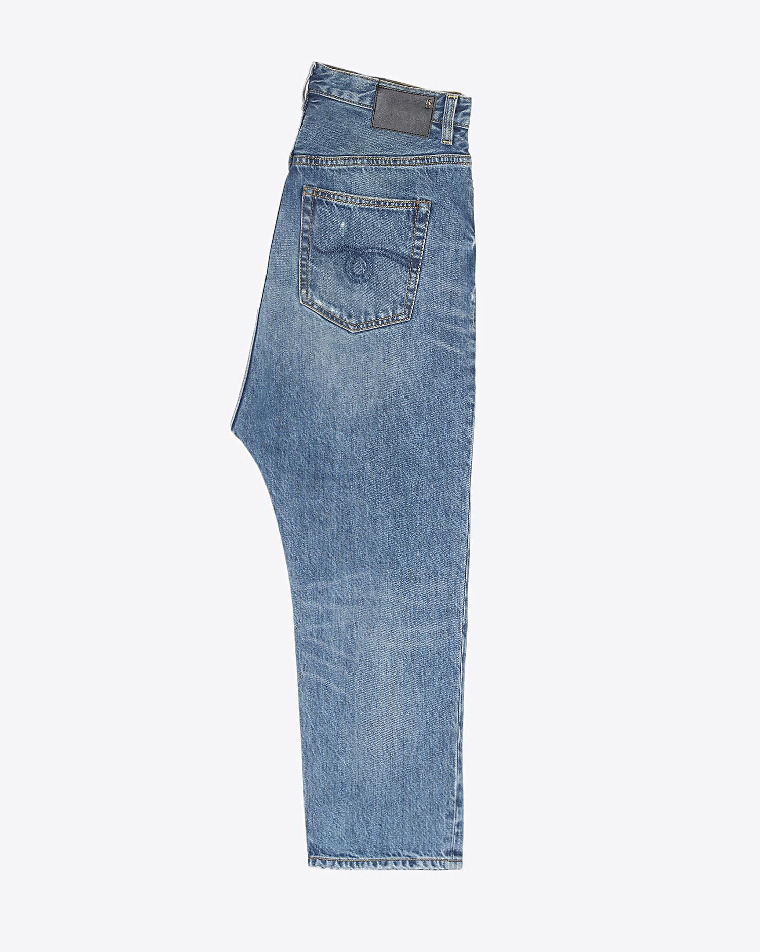 R13 Denim Tailored Drop Denim - Bain Blue. Profil.  