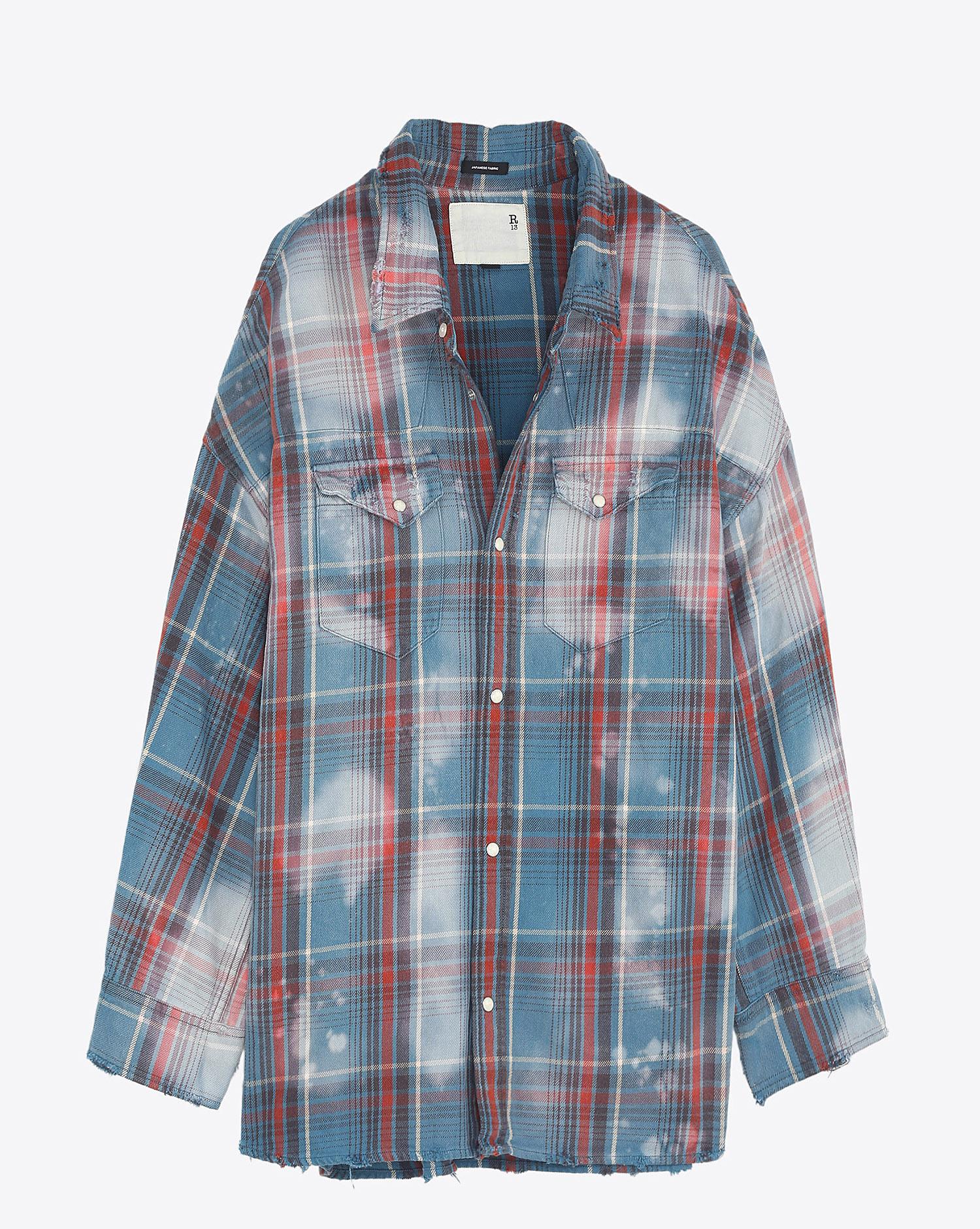 R13 Denim Pré-Collection Oversized Cowboy Shirt - Blue Plaid WBleach Stains  