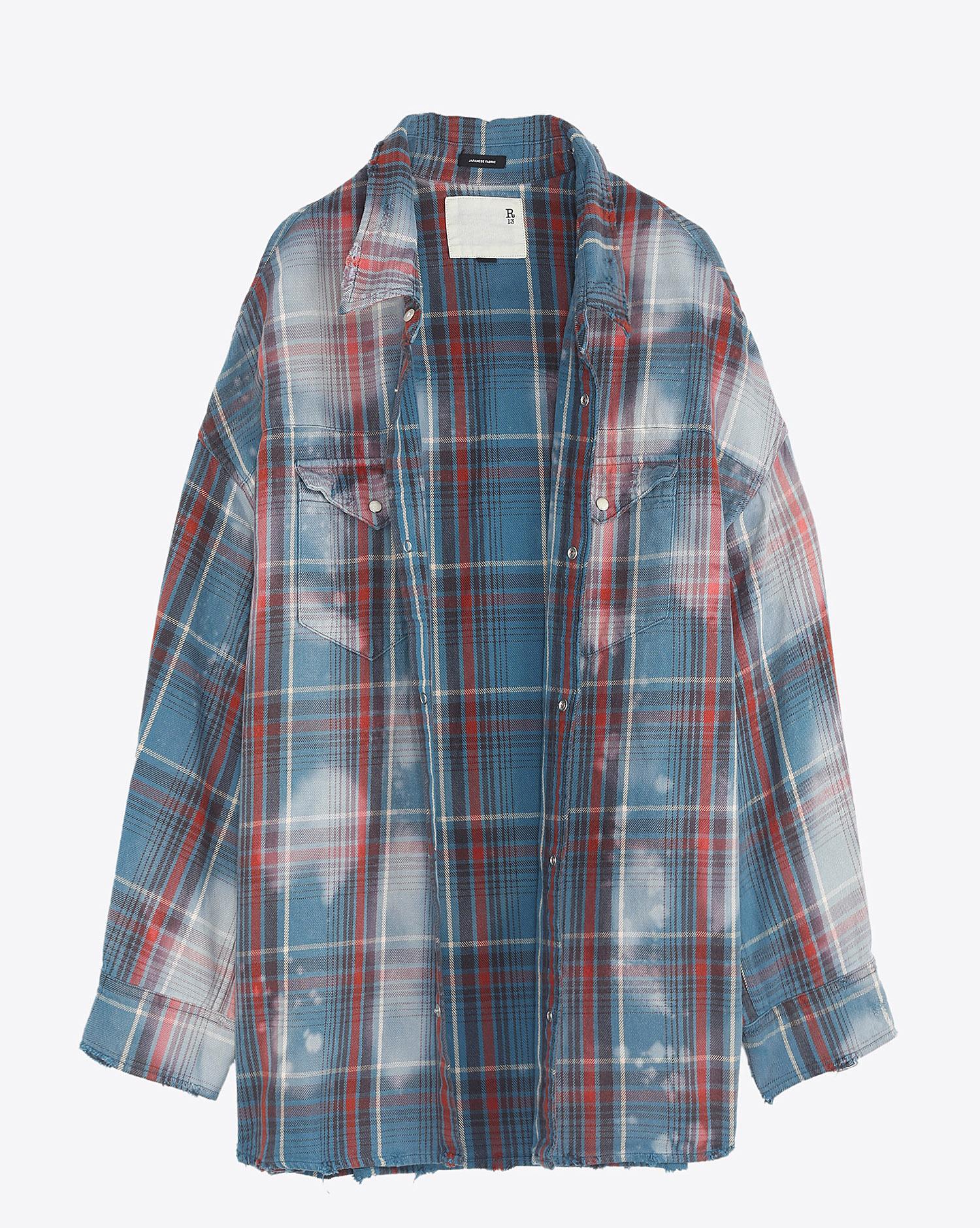 R13 Denim Pré-Collection Oversized Cowboy Shirt - Blue Plaid WBleach Stains