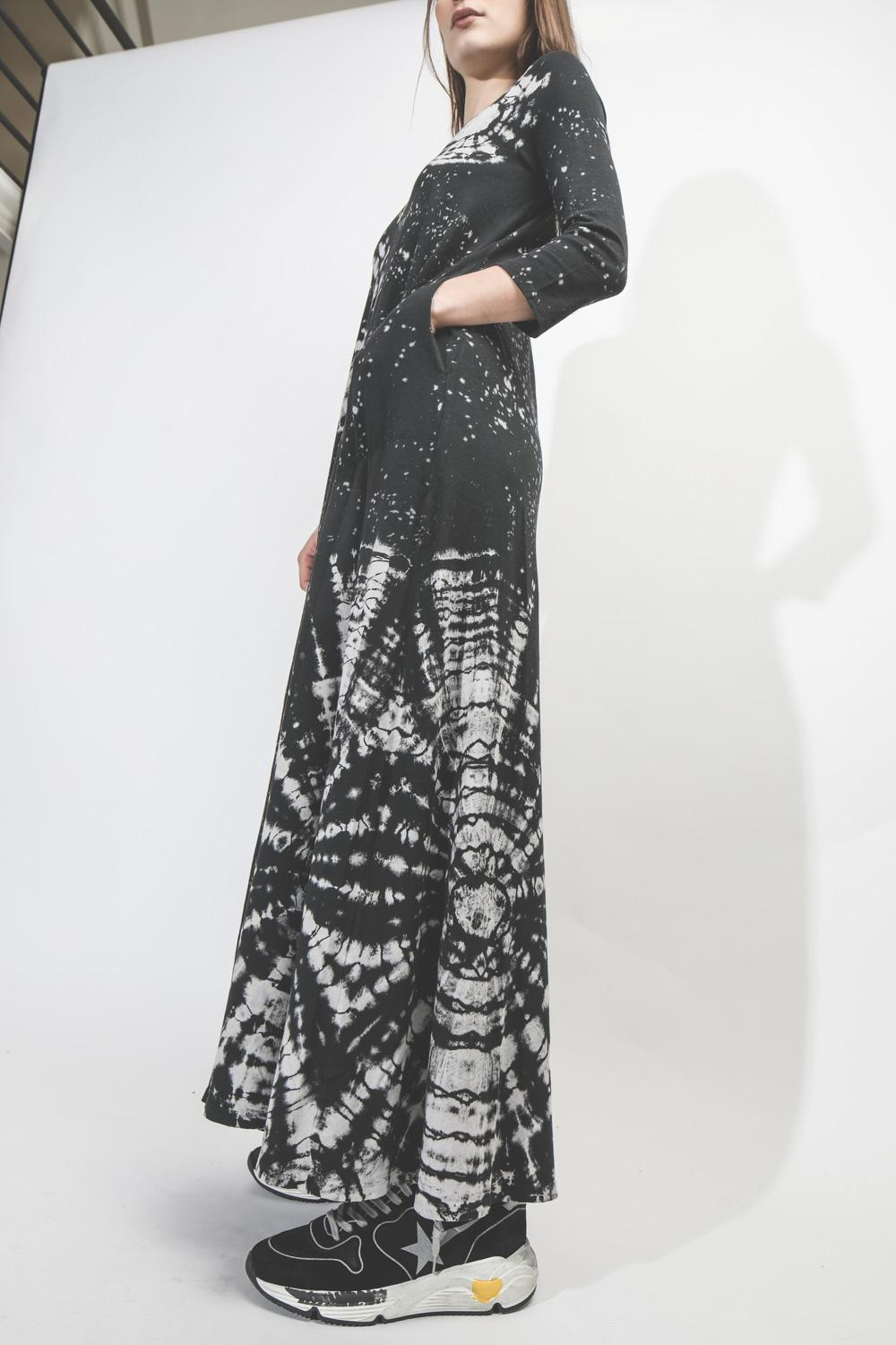 Raquel Allegra Half Sleeve Drama Maxi Dress - Black Constellation Tie Dye  