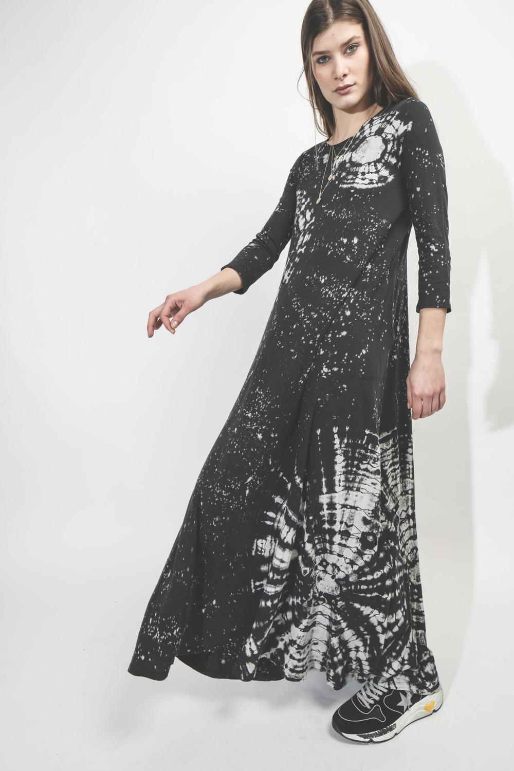 Raquel Allegra Half Sleeve Drama Maxi Dress - Black Constellation Tie Dye  