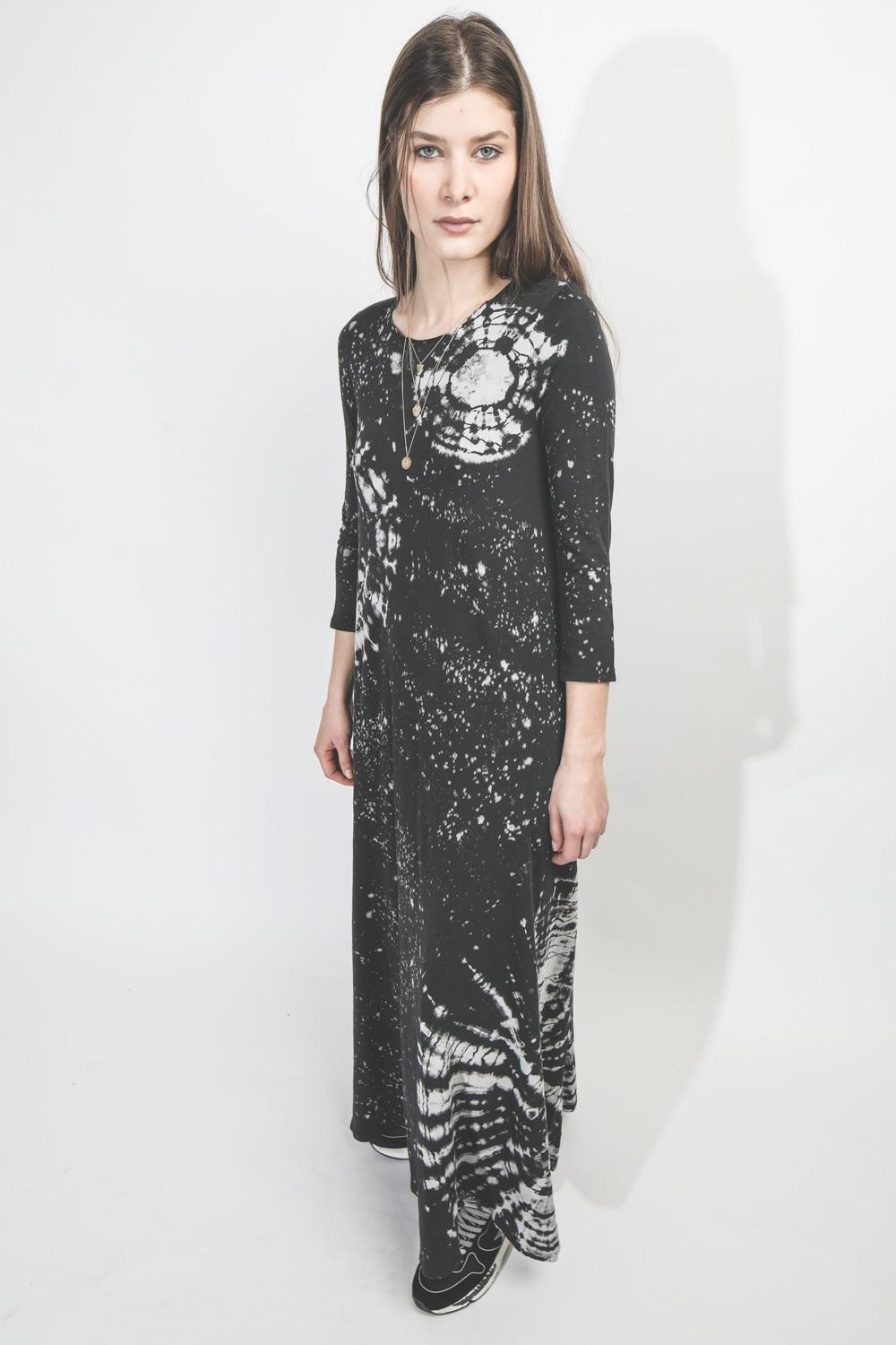 Raquel Allegra Half Sleeve Drama Maxi Dress - Black Constellation Tie Dye  