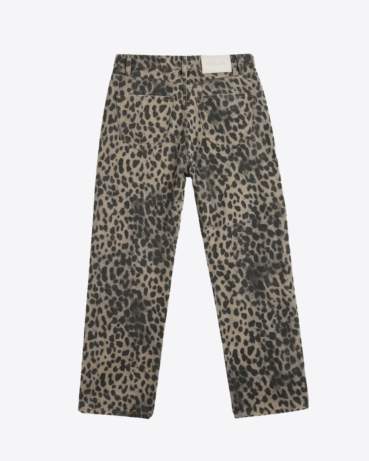 Produit Jean droit Mikuta en denim imprimé léopard. Vue dos.