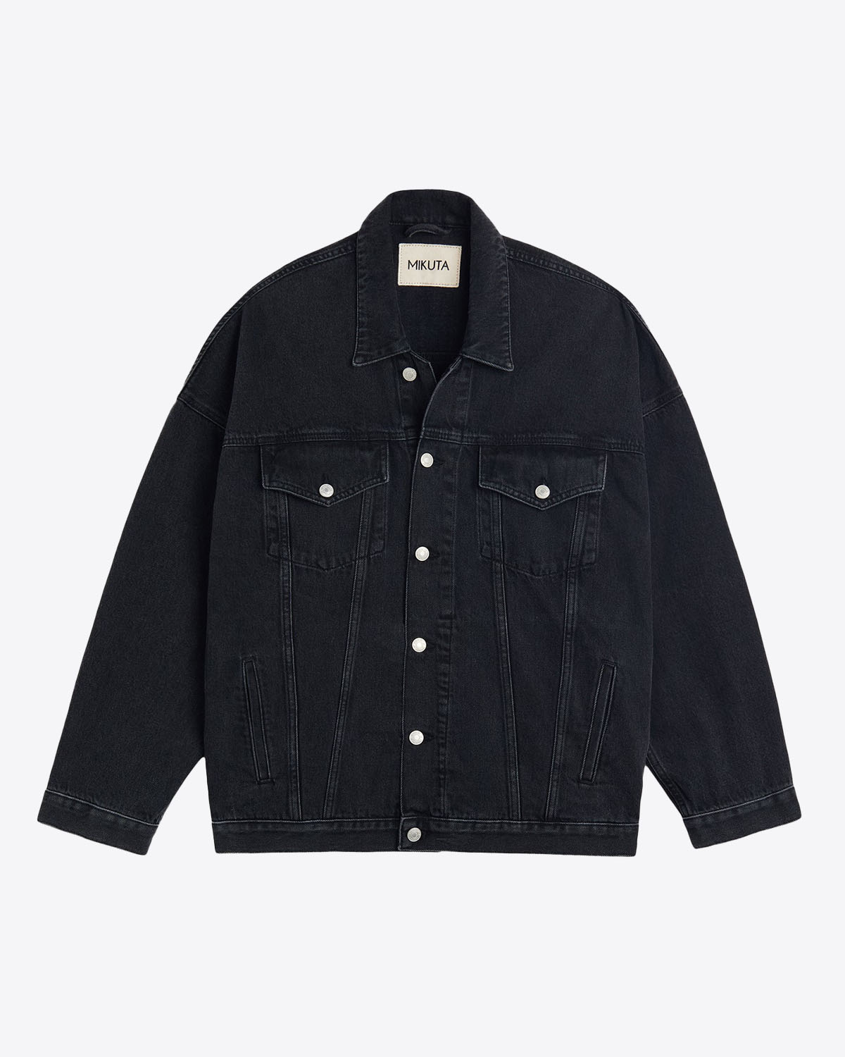 Veste en jean Oversized Mikuta noire. Vue face. 