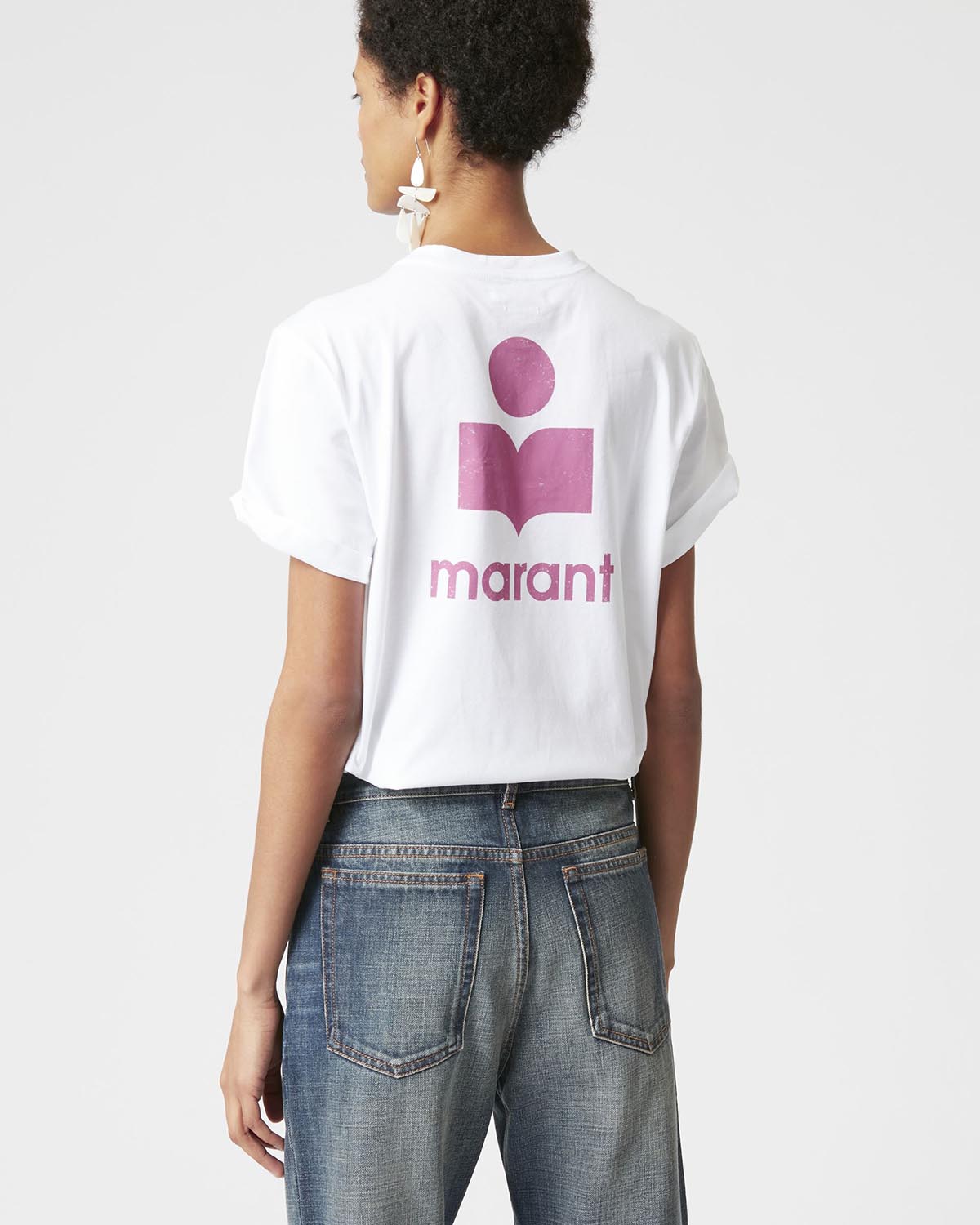 Tee-shirt en coton blanc logo rose dans le dos Zewel Isabel Marant Etoile. Port&eacute; dos.