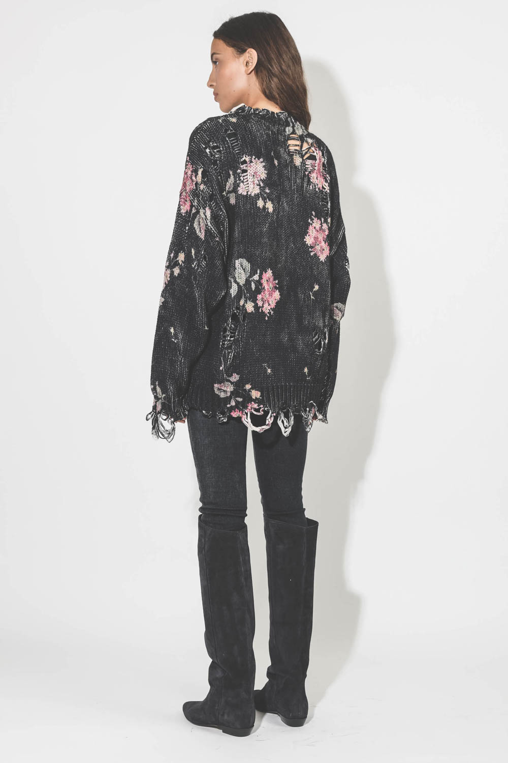 R13 Denim Distressed Oversized Sweater - Floral On Black