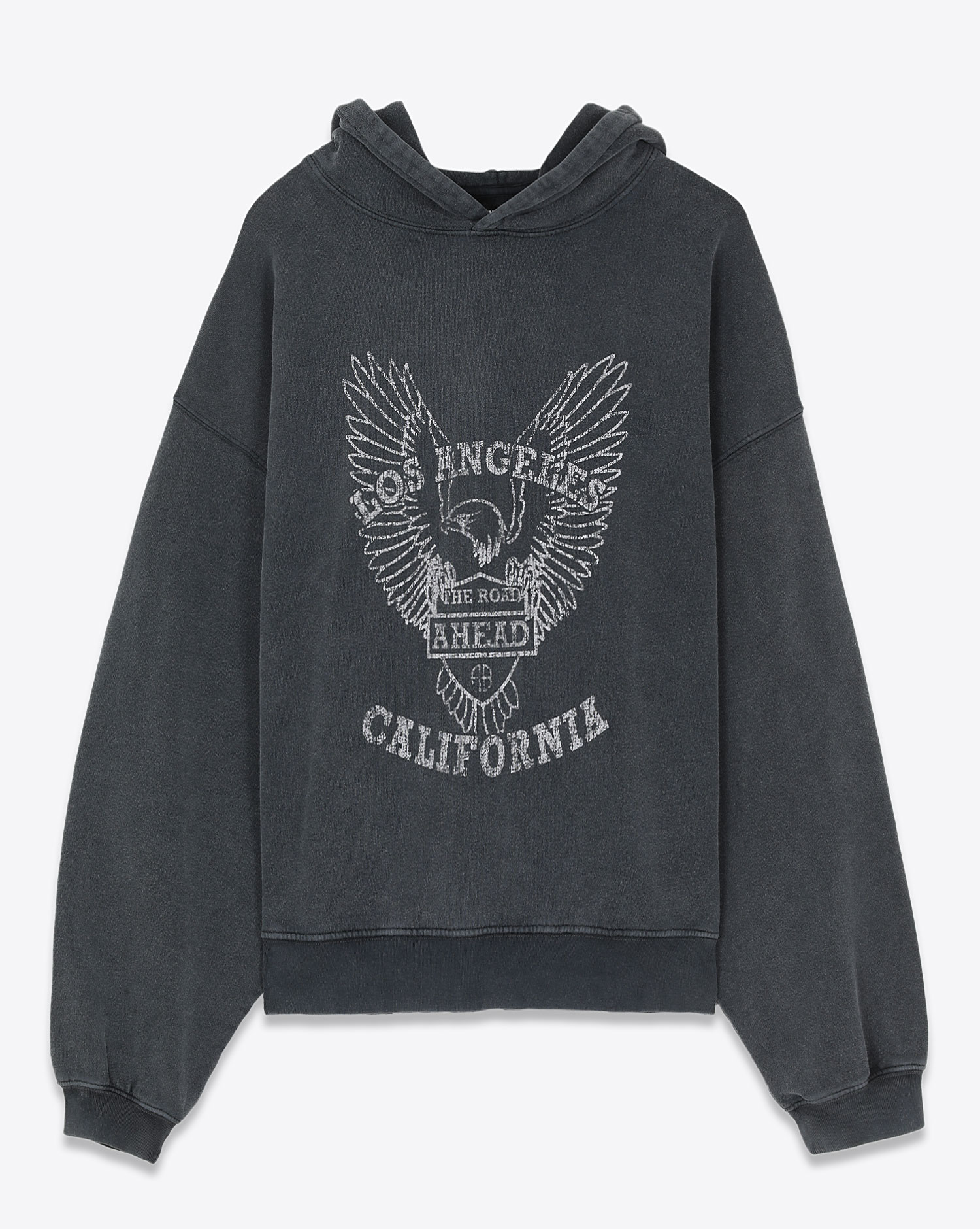 Sweat-shirt à capuche noir délavé sérigraphie blanche Aigle Los Angeles California Alex Hoodie Anine Bing. Face. 