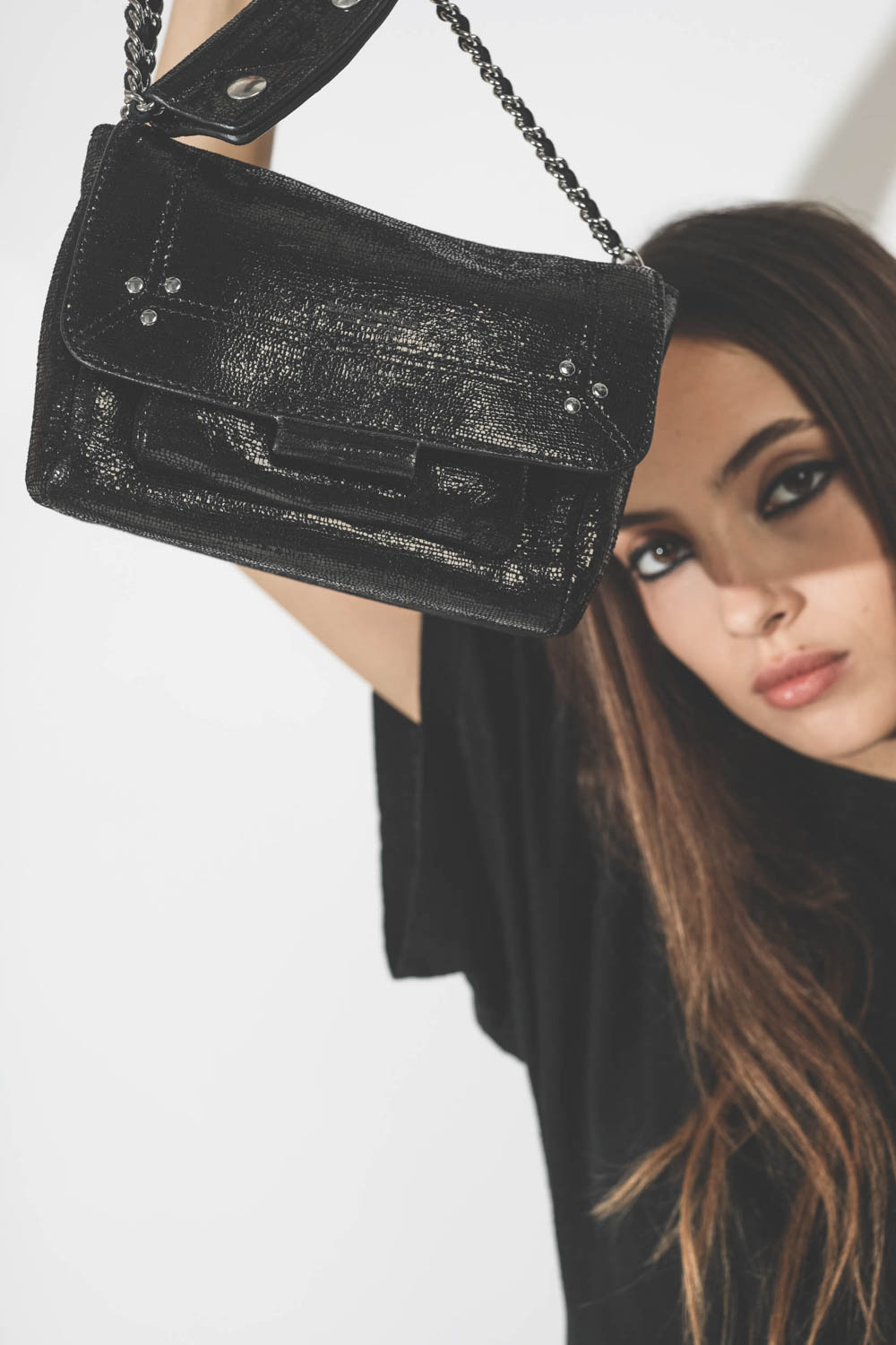 Sac bandoulière Lulu S chèvre lamé noir