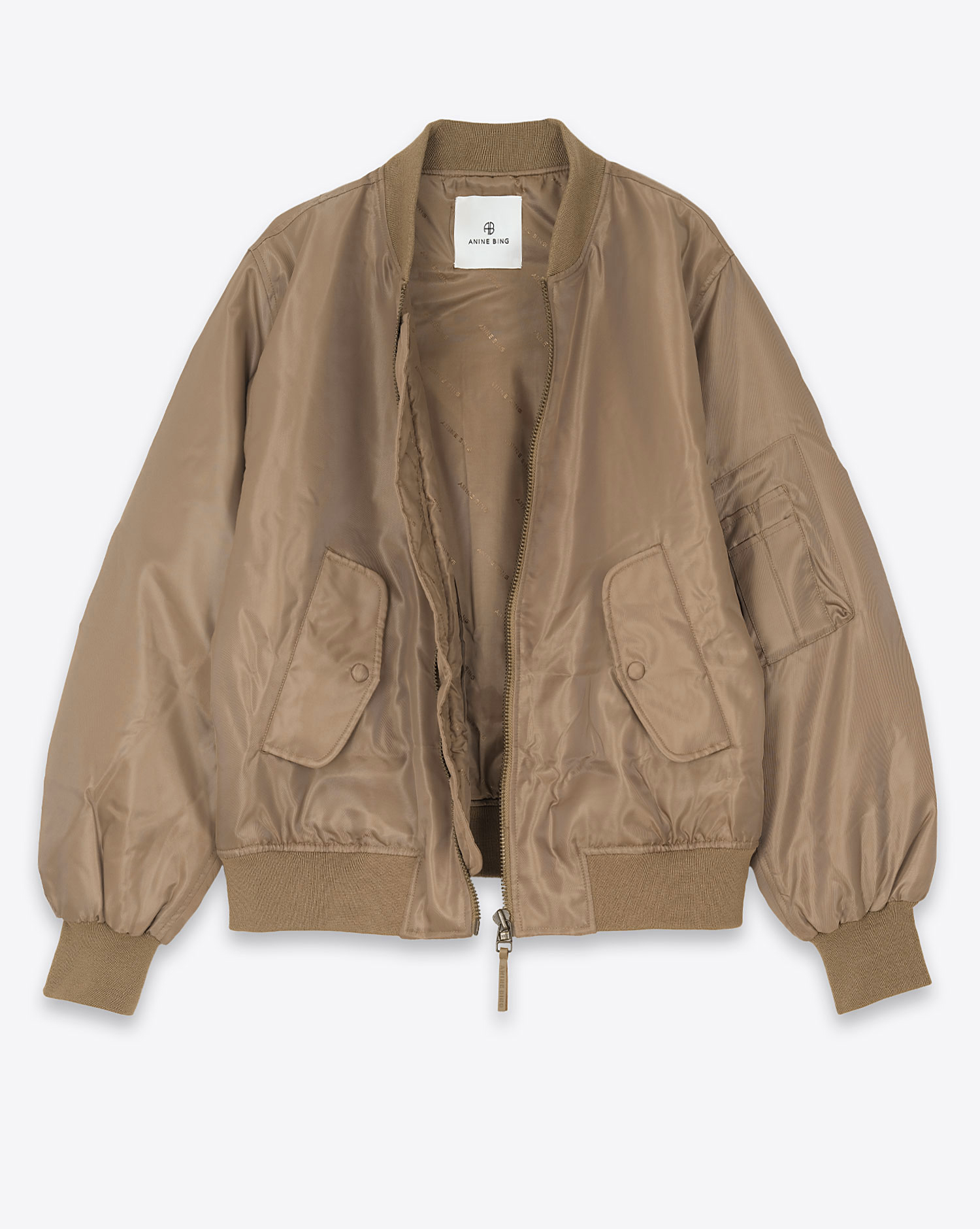 Produit Blouson Bomber Anine Bing beige. Vue face ouvert. 