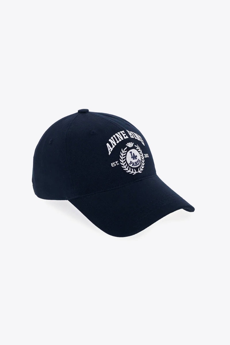 Casquette de baseball Jeremy Collegiate Anine Bing en toile marine logo coll&egrave;ge brod&eacute; blanc, vue de profil.