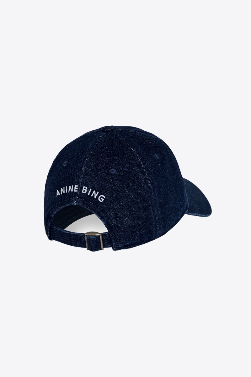 Casquette Jeremy Baseball Anine Bing en denim bleu foncé logo brodé blanc « ANINE BING » vue de dos.