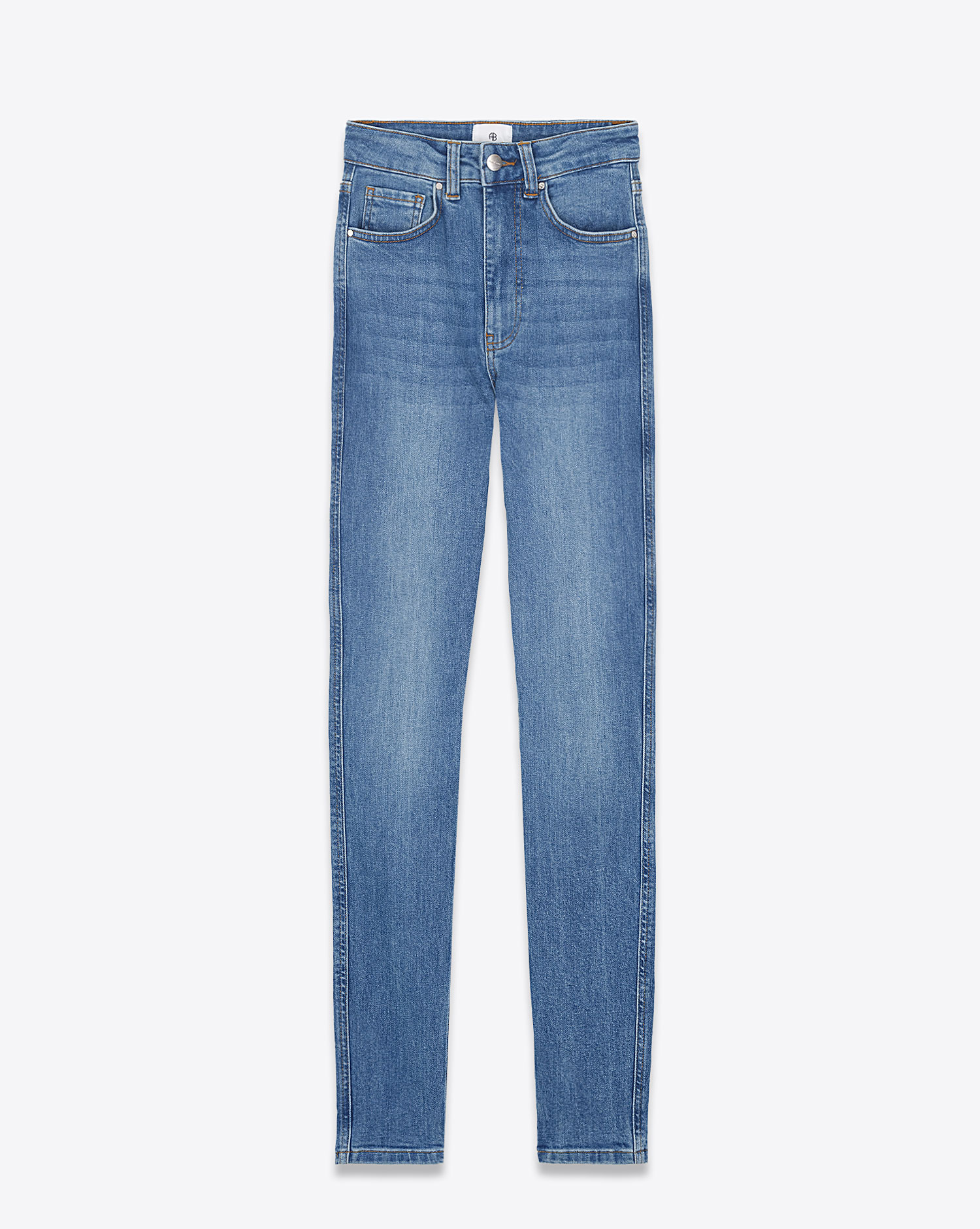 Produit Jean Slim taille haute en denim bleu Beck Anine Bing. Face.
