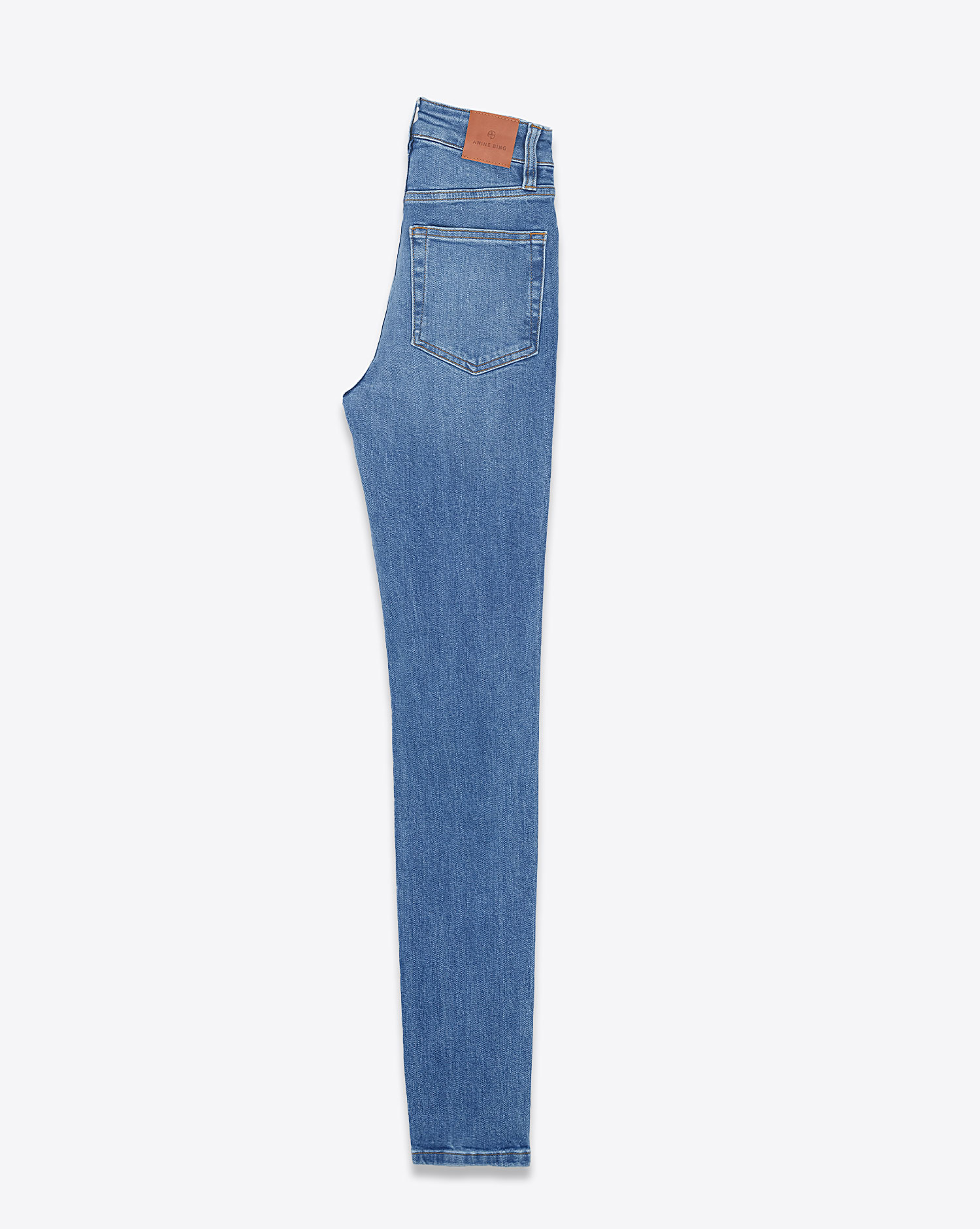 Produit Jean Slim taille haute en denim bleu Beck Anine Bing. Profil