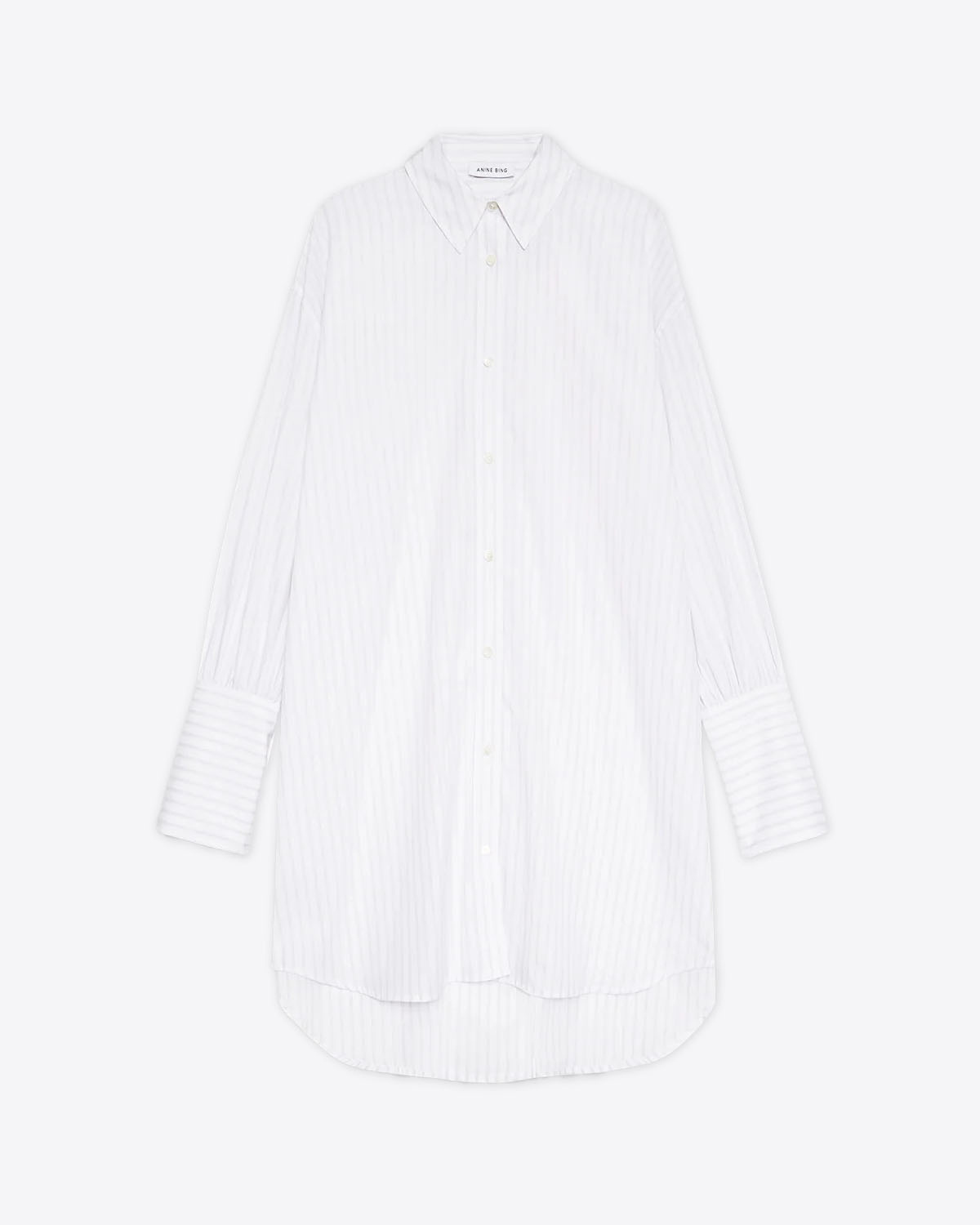 Robe Chemise Lake Anine Bing blanche à rayures noires. Vue face. 