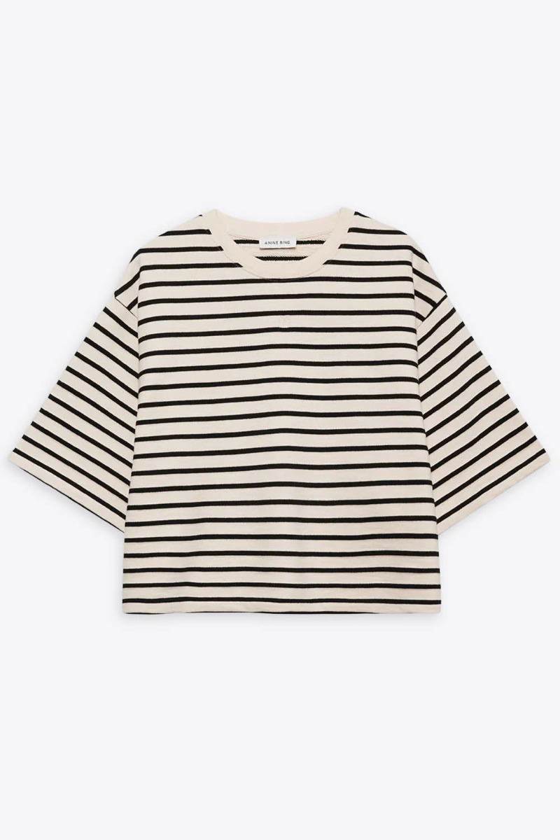 Tee-shirt Myers Cropped Anine Bing en coton ray&eacute; noir et blanc, vu de face.