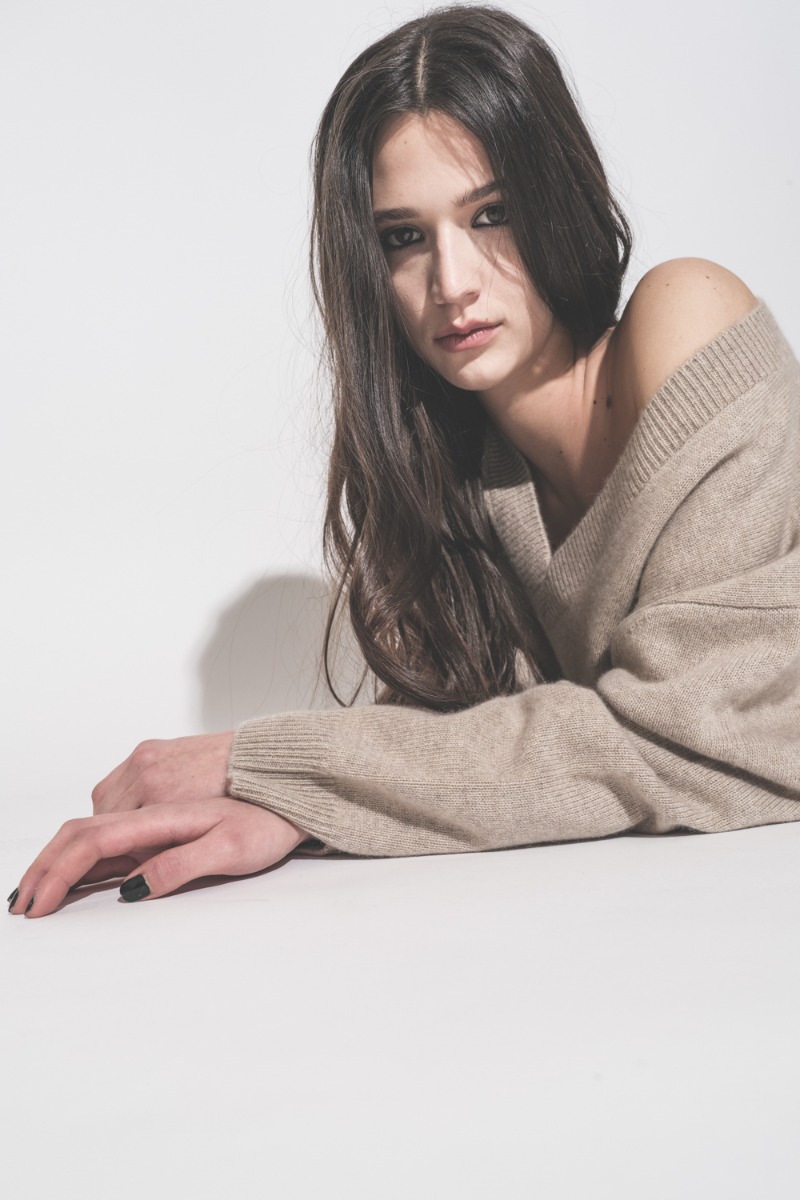 Pull col V Lee Anine Bing en cachemire beige.