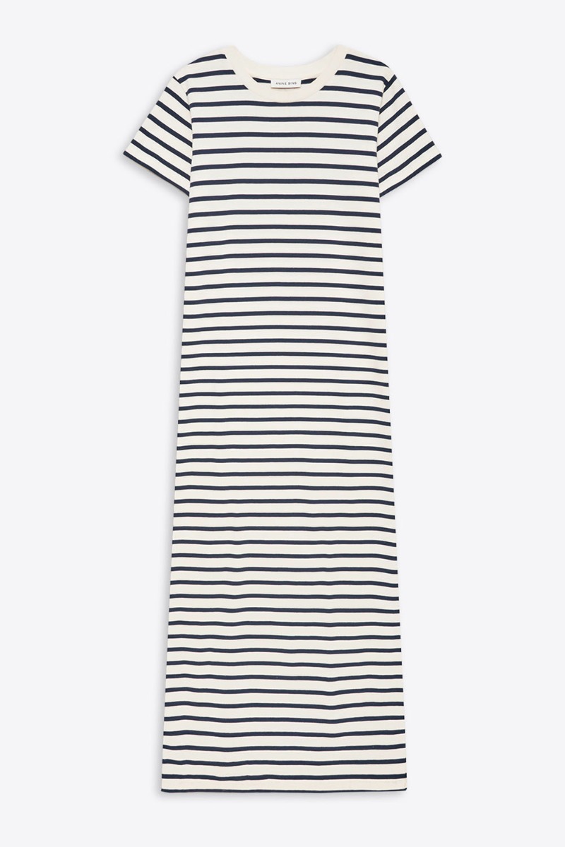 Robe longue manches courtes Wynne Anine Bing en jersey de coton &agrave; rayures marines et blanches. Vue de face