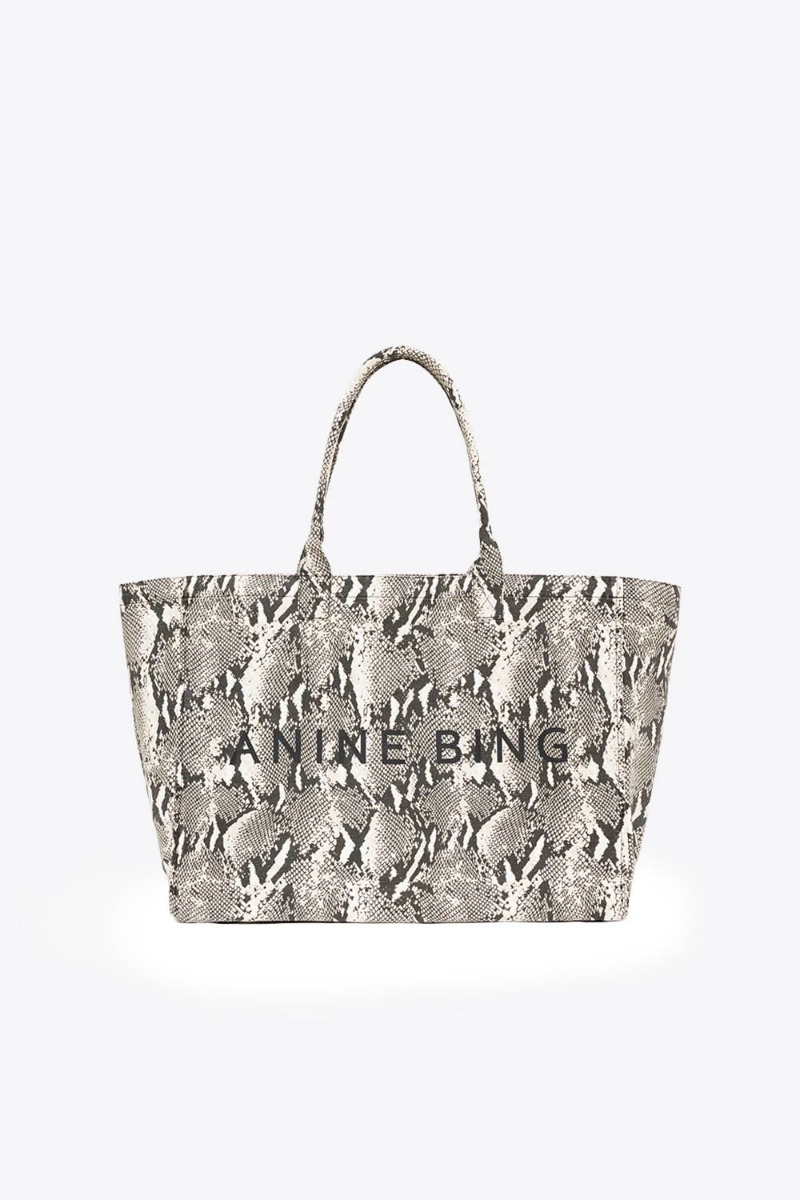 Cabas Leo Anine Bing en toile de coton imprim&eacute; python gris, vu de face.