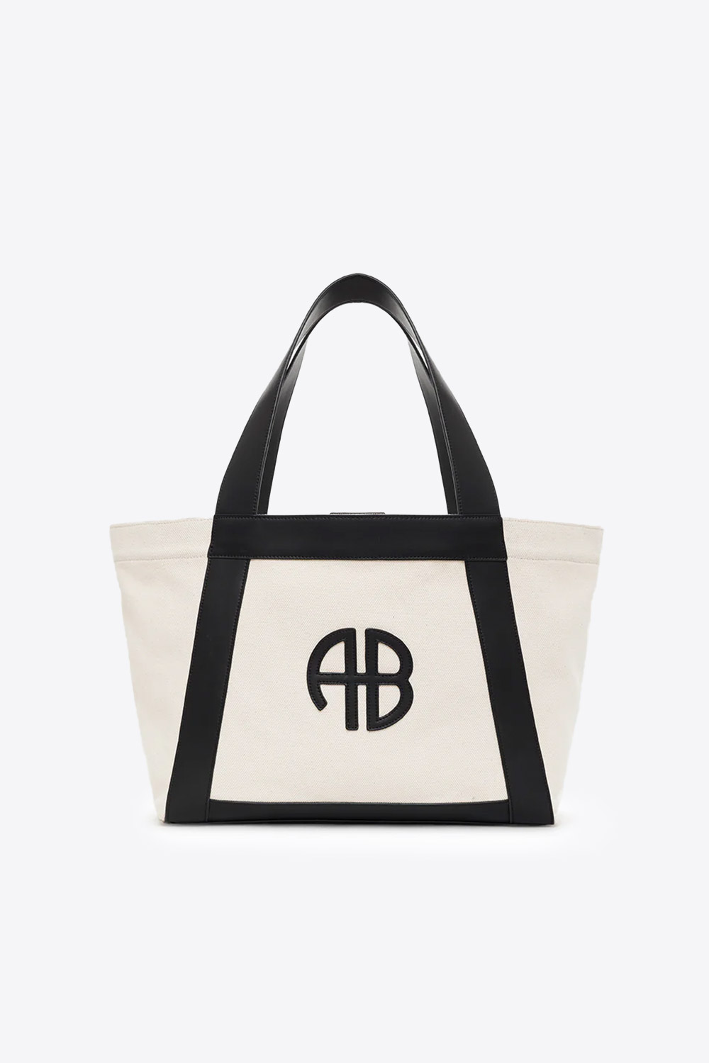 Produit Sac cabas Cara Anine Bing en coton blanc avec logo monogramme noir. Vue face. 