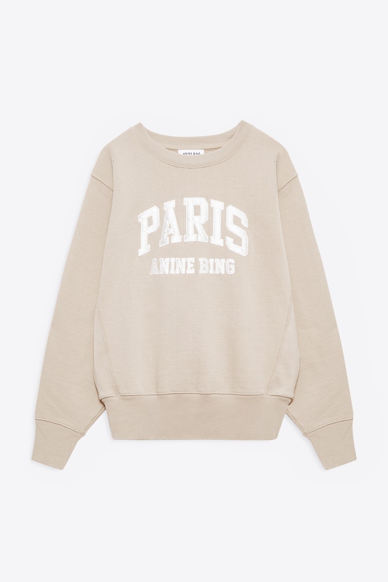 Sweatshirt Harry Shrunken Anine Bing en coton beige logo " Paris Anine Bing " en satin ivoire. Vue de face.