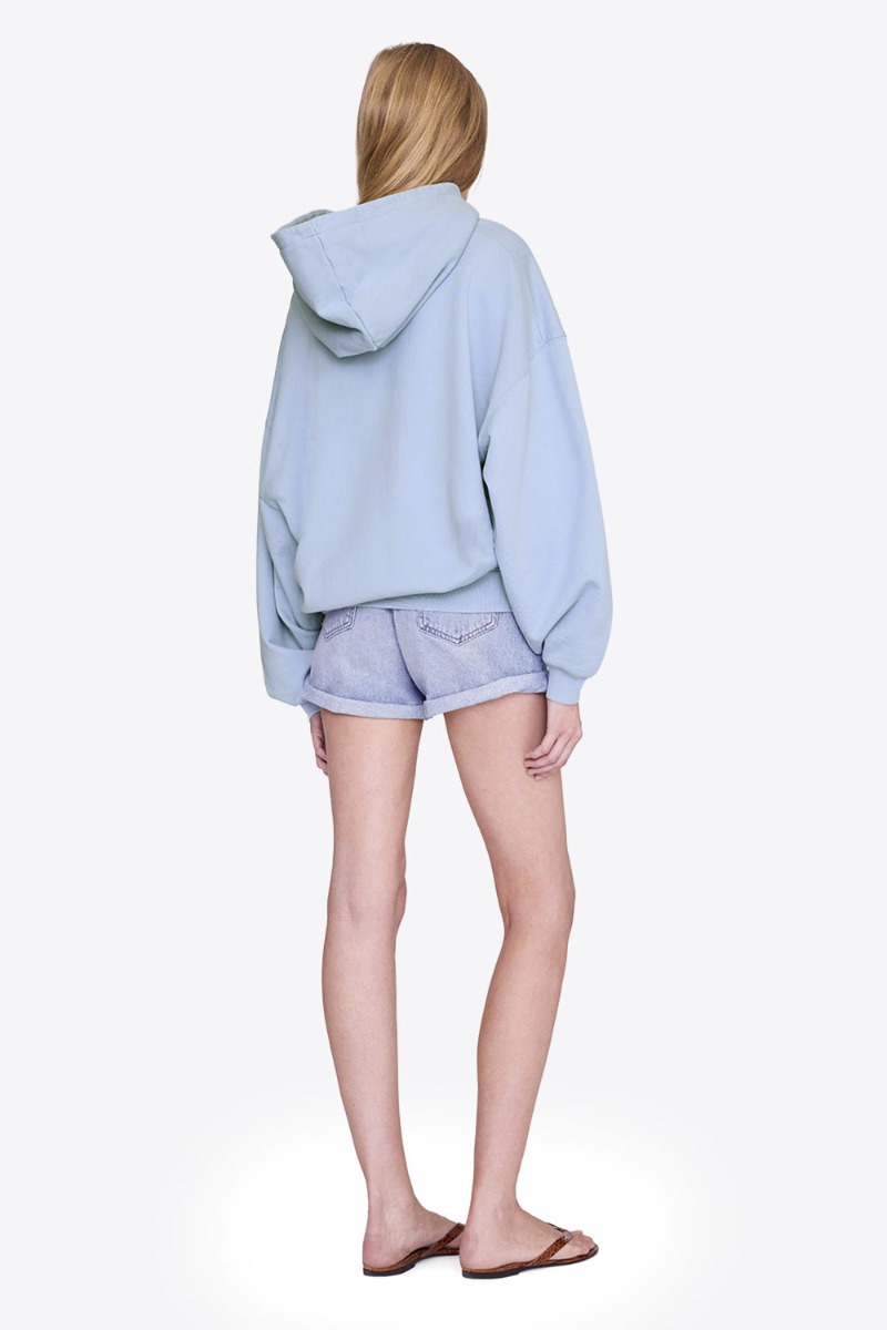 Sweat-shirt à capuche Harvey Letterman Anine Bing en coton bleu clair logo « AB » en chenille ton sur ton porté de dos.