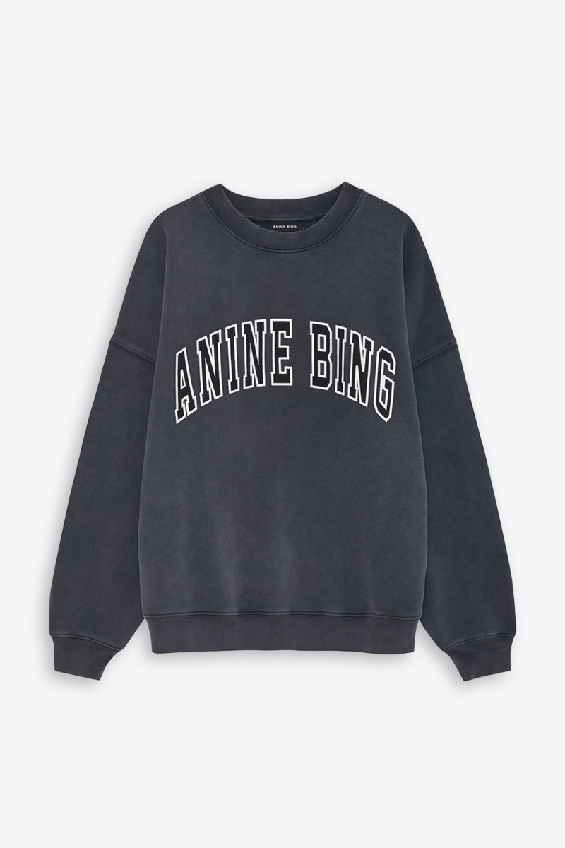 Sweat-shirt Miles Anine Bing en coton noir d&eacute;lav&eacute; logo blanc Anine Bing devant. Vue de face.