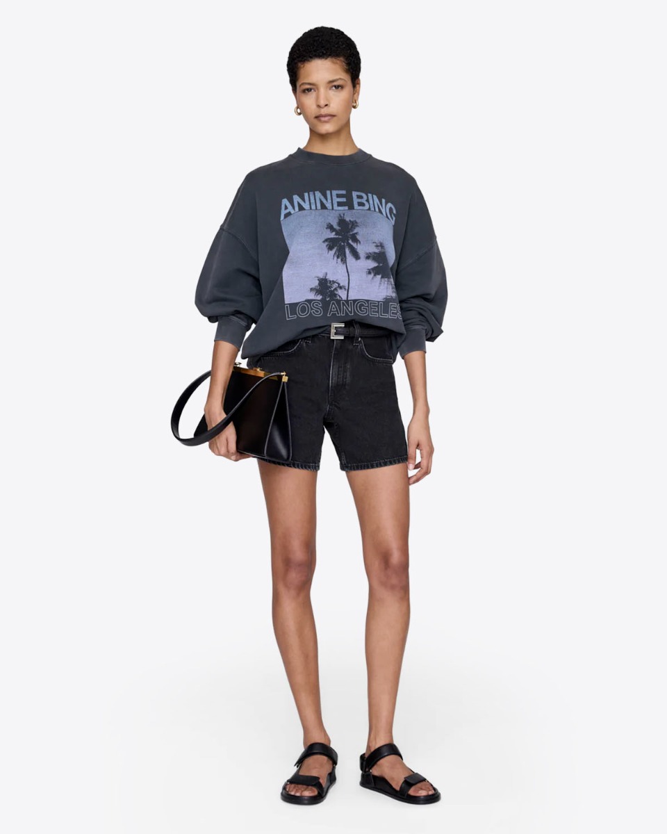 Sweat-shirt Miles Anine Bing noir avec s&eacute;rigraphie palmiers bleue, port&eacute; de face.