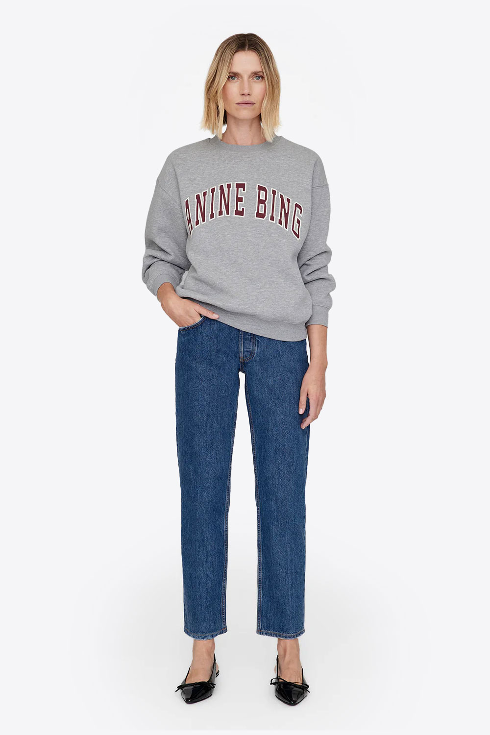 Produit Sweatshirt manches longues Spencer Anine Bing en coton gris. Vue porté face. 
