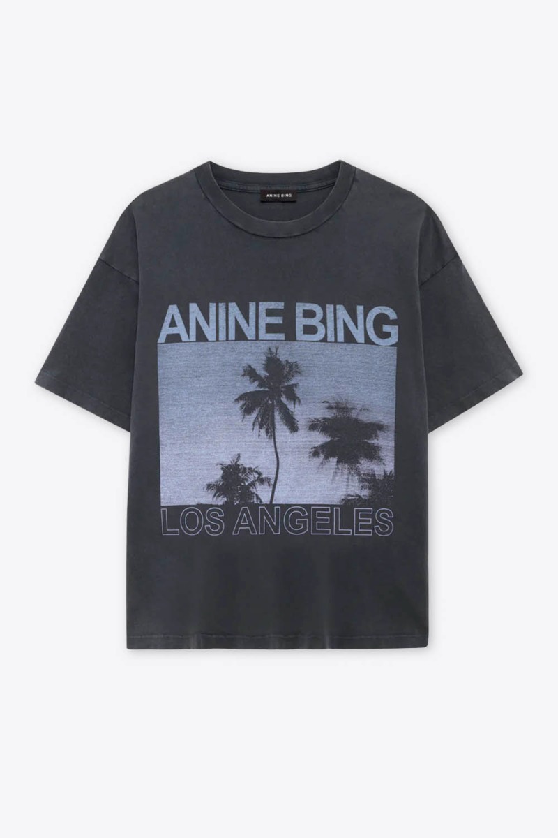 T-shirt manches courtes Cade Palms Anine Bing en jersey de coton fluide noir d&eacute;lav&eacute; s&eacute;rigraphie avec les palmiers mythique de Los Angeles fond bleu et logo ANINE BING. Vue de face.