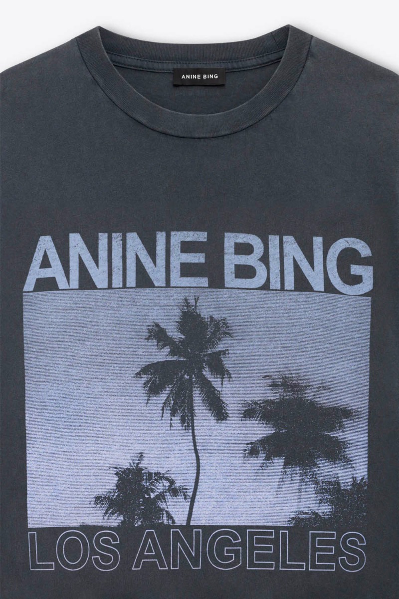 T-shirt manches courtes Cade Palms Anine Bing en jersey de coton fluide noir d&eacute;lav&eacute; s&eacute;rigraphie avec les palmiers mythique de Los Angeles fond bleu et logo ANINE BING. D&eacute;tail du col et de la s&eacute;rigraphie.