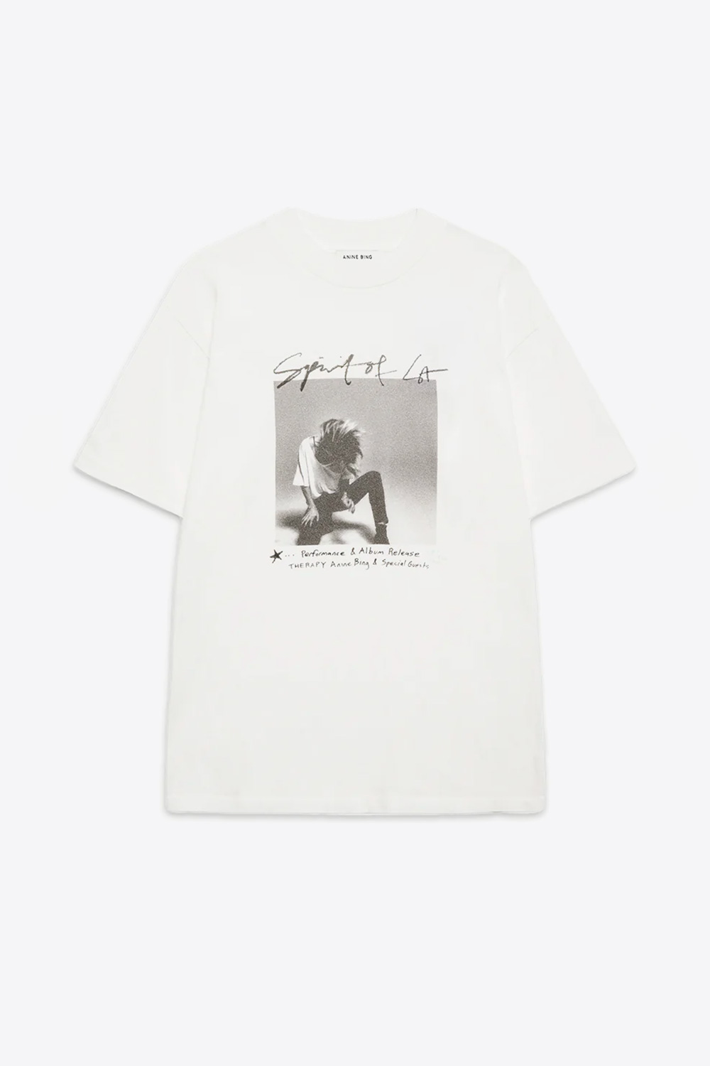 Produit Tee-shirt ivoire Ashton Spirit Anine Bing. Manches courtes blanc sérigraphie pochette de l'album "Therapy" d'Anine Bing sur le devant. Face.