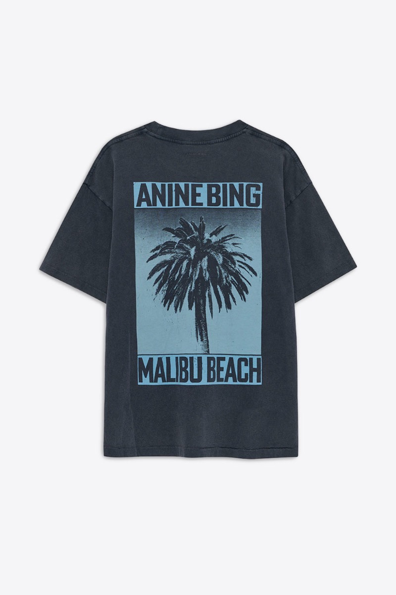 Tee-shirt Cade Palm Anine Bing en coton noir délavé, sérigraphie palmier « ANINE BING MALIBU BEACH » vue de dos.