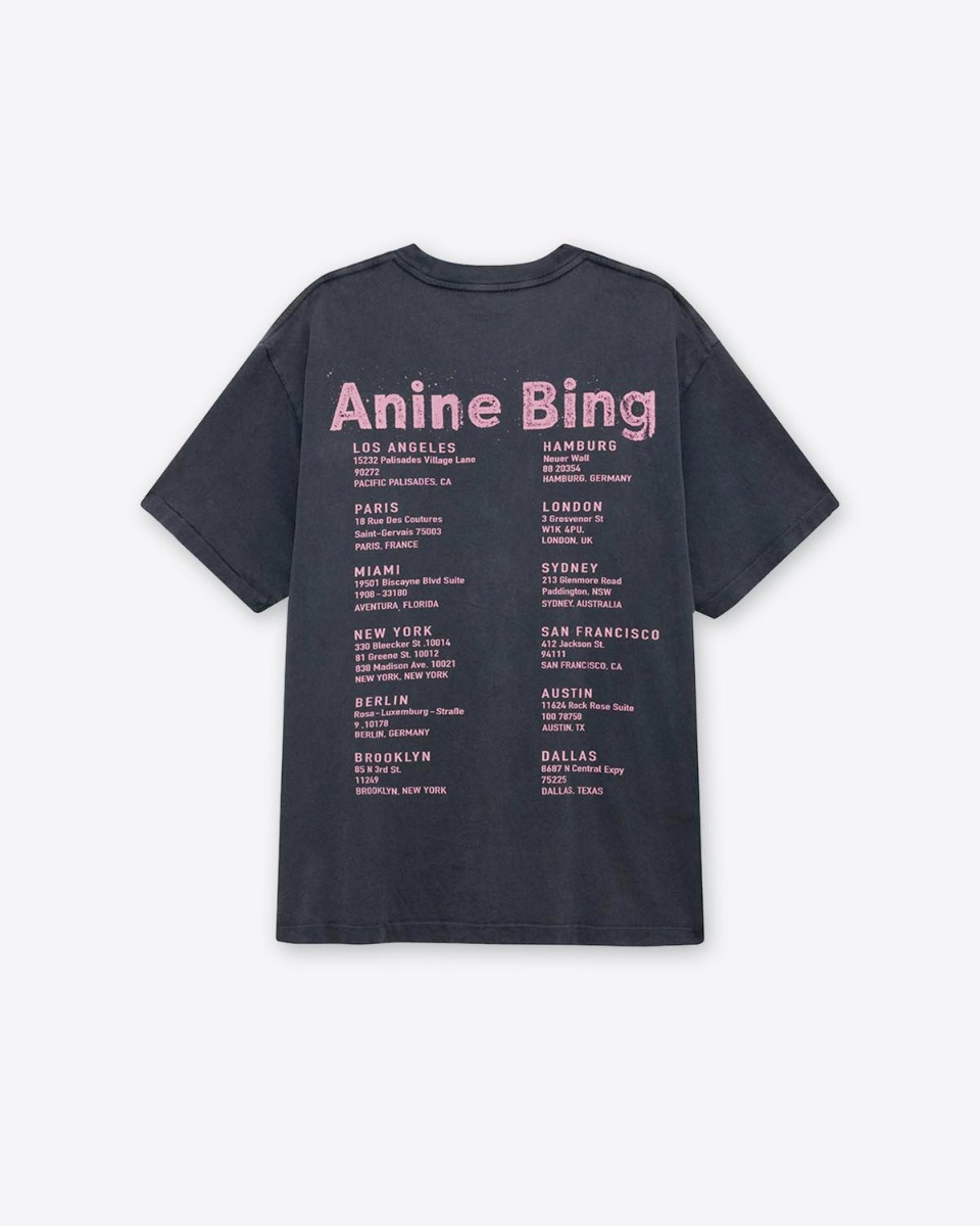 Tee-shirt manches courtes Cade Anine Bing en coton gris d&eacute;lav&eacute; s&eacute;rigraphie rose smiley &laquo; AB &raquo; sur le devant, vu de dos avec la s&eacute;rigraphie rose esprit concert de rock. Adresses des boutiques Anine Bing dans le monde.
