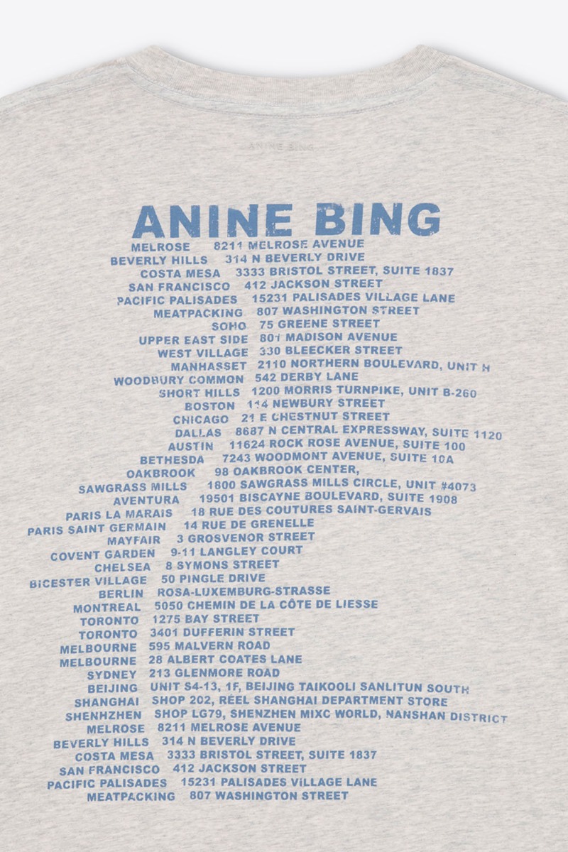 Tee-shirt Cade Wave Anine Bing en jersey gris clair chiné et logo stylisé Anine Bing bleu sur le poitrine. Détail de la sérigraphie bleu dans le dos. Adresses des boutiques Anine Bing dans le monde.