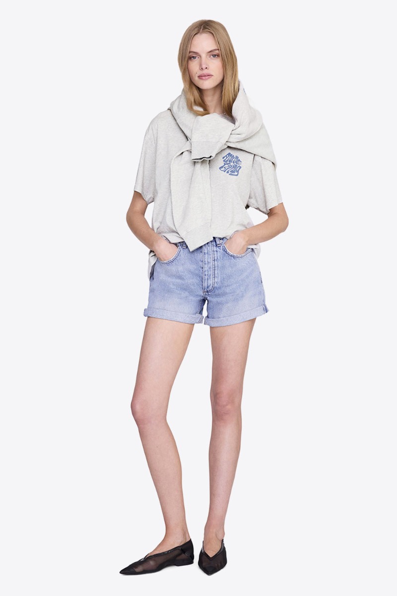 Tee-shirt Cade Wave Anine Bing en jersey gris clair chiné et logo stylisé Anine Bing bleu sur le poitrine porté de face.