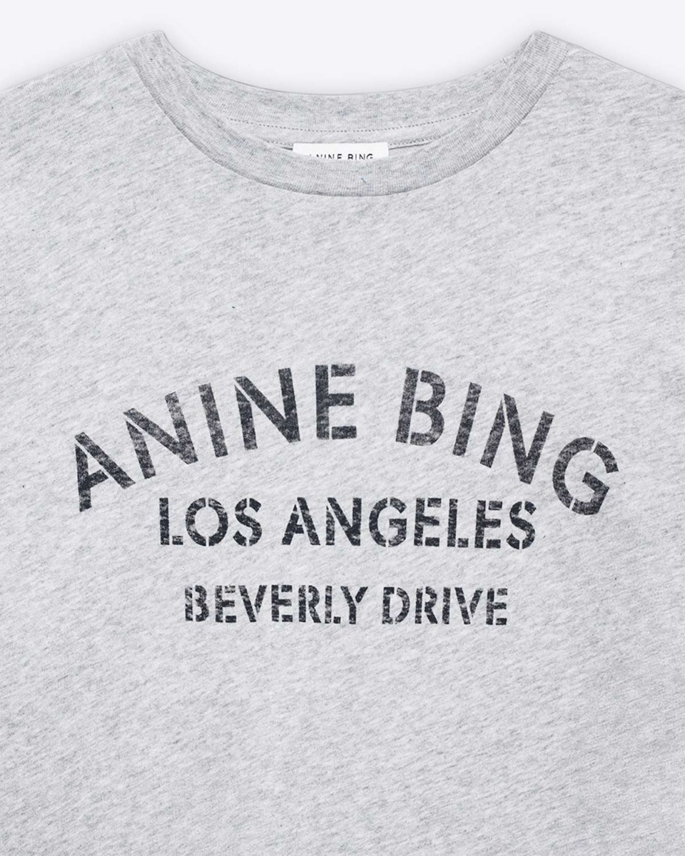 T-shirt Cohen tee Los Angeles Tencil Anine Bing en jersey de coton gris chiné. Détail de la sérigraphie " ANINE BING LOS ANGELES BEVERLY DRIVE " 