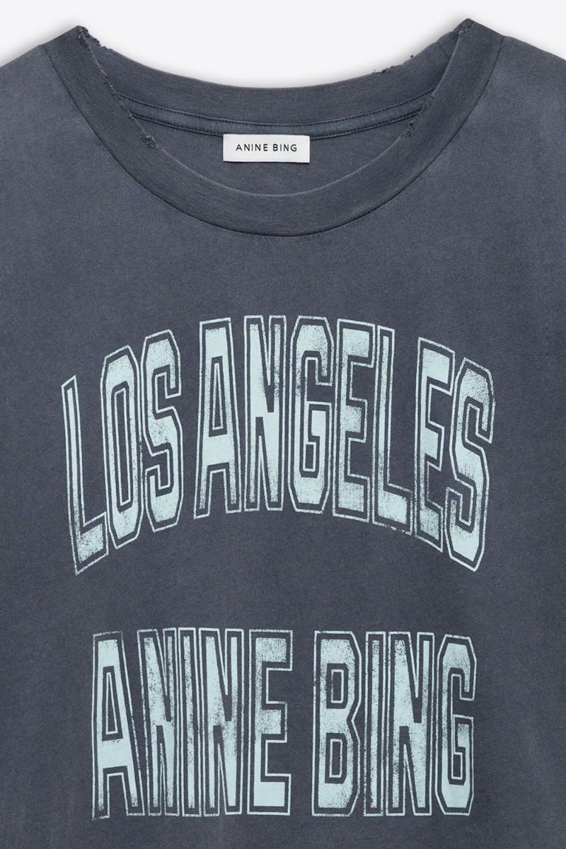 Tee-shirt Johnny Cropped Anine Bing gris d&eacute;lav&eacute;. D&eacute;tail du logo Los Angeles Anine Bing.