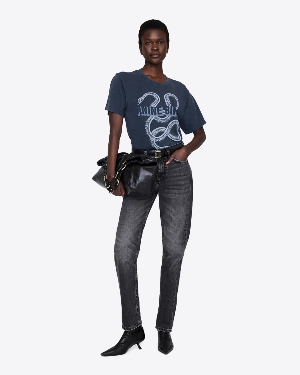 T-shirt Lili Snake Anine Bing en coton noir d&eacute;lav&eacute;, s&eacute;rigraphie de serpent et logo " Anine Bing ", port&eacute; de face.